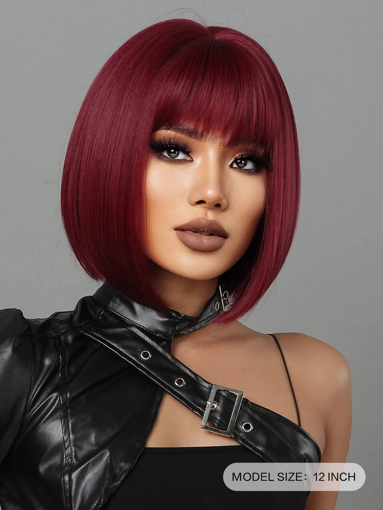 HAIRCUBE 12 Inch Short Straight Hair Wig For Women, Wine Red Claret And Black Multicoloured Synthetic Wig With Bangs Bob Wigs For Daily Life And Party. - So Real Fashion