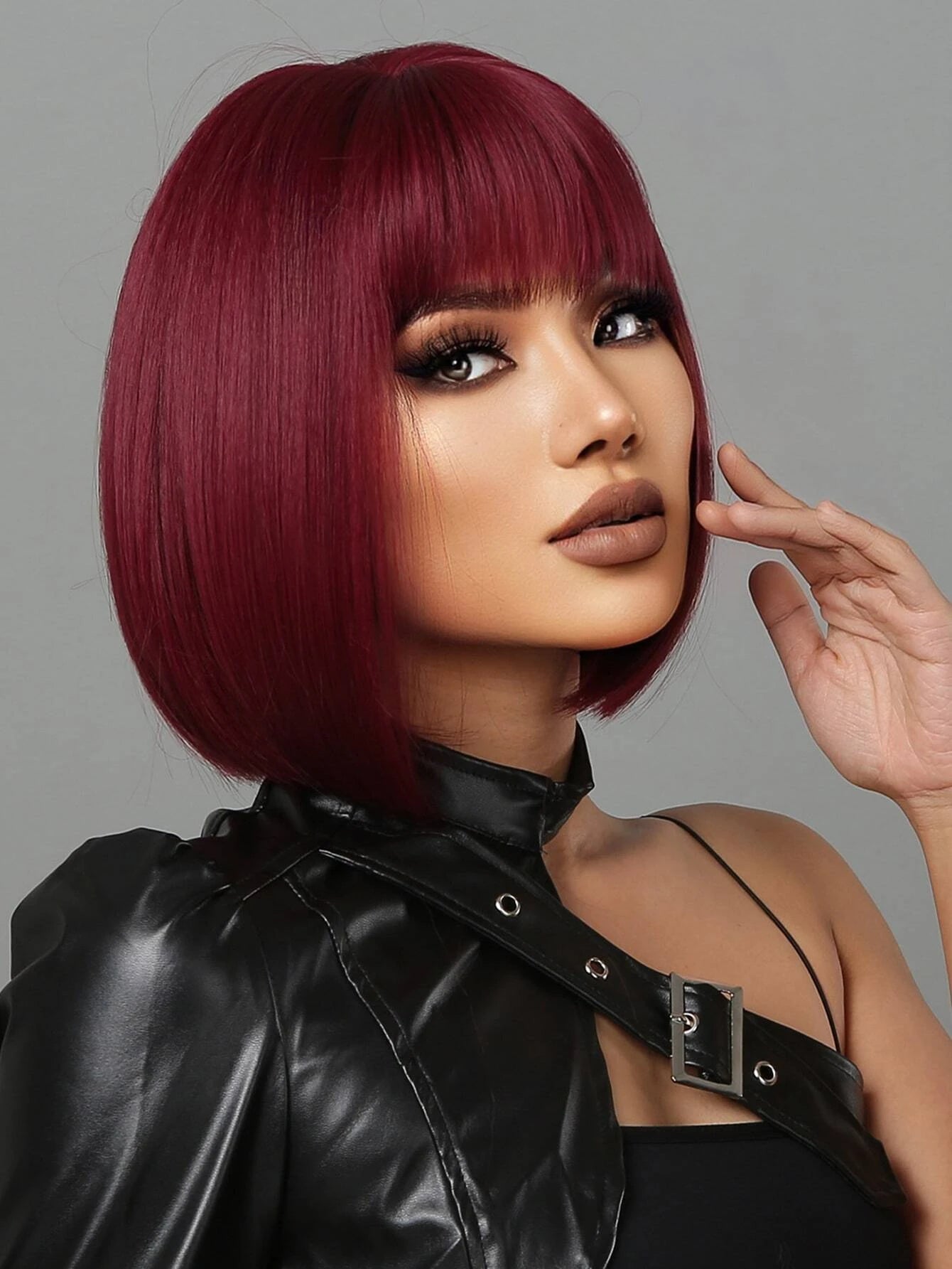 HAIRCUBE 12 Inch Short Straight Hair Wig For Women, Wine Red Claret And Black Multicoloured Synthetic Wig With Bangs Bob Wigs For Daily Life And Party. - So Real Fashion