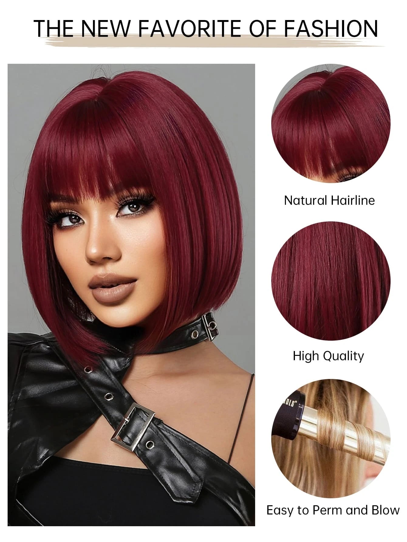 HAIRCUBE 12 Inch Short Straight Hair Wig For Women, Wine Red Claret And Black Multicoloured Synthetic Wig With Bangs Bob Wigs For Daily Life And Party. - So Real Fashion