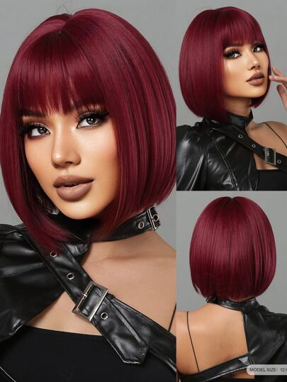 HAIRCUBE 12 Inch Short Straight Hair Wig For Women, Wine Red Claret And Black Multicoloured Synthetic Wig With Bangs Bob Wigs For Daily Life And Party. - So Real Fashion