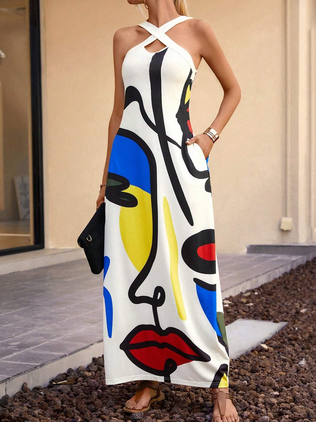 Summer Vacation Sleeveless Dress Crossed Front Side Print - So Real Fashion