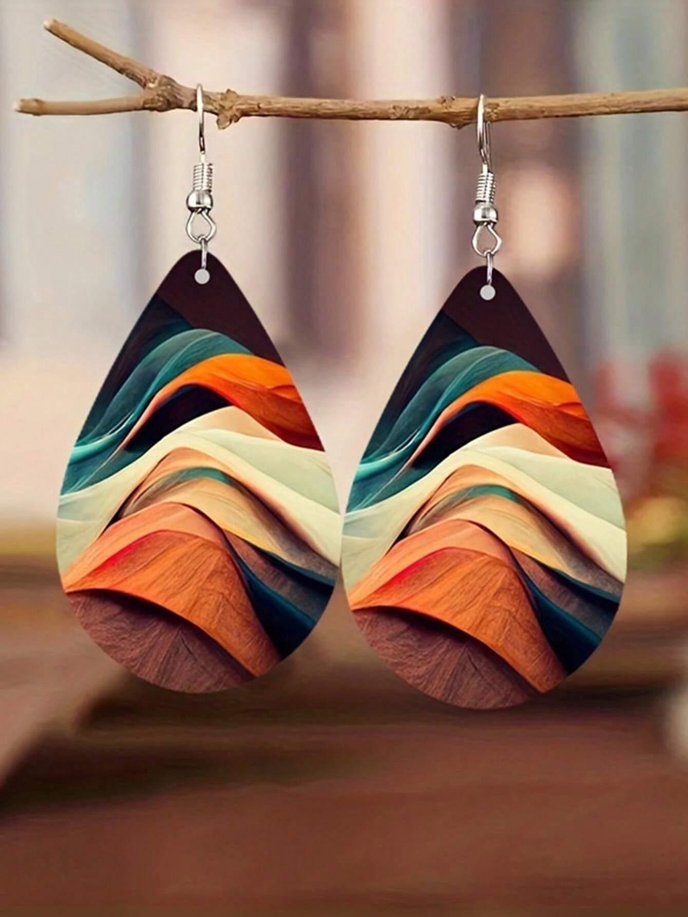 Rainbow Waterdrop Earrings Fun Colorful Wood - So Real Fashion