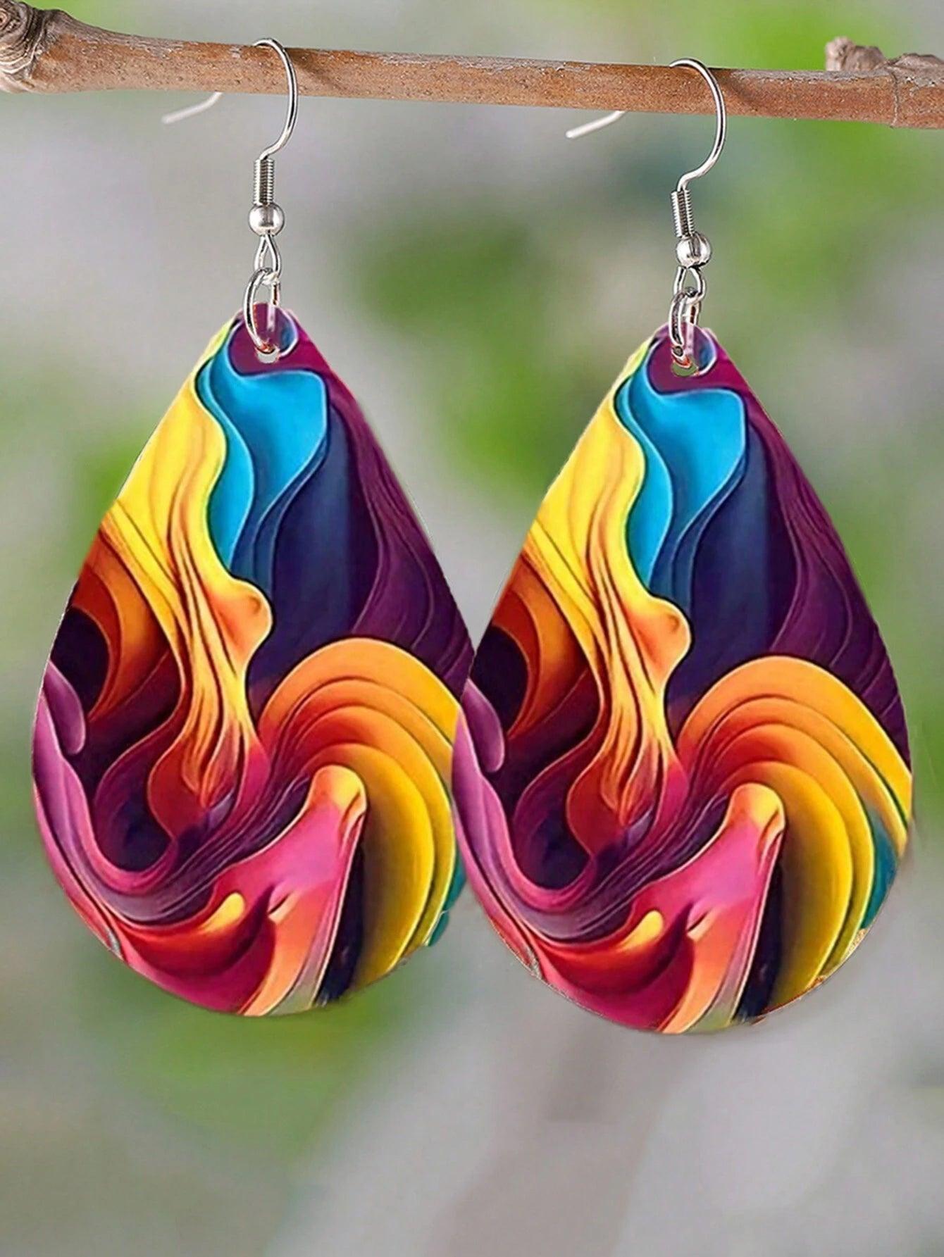 Rainbow Waterdrop Earrings Fun Colorful Wood - So Real Fashion