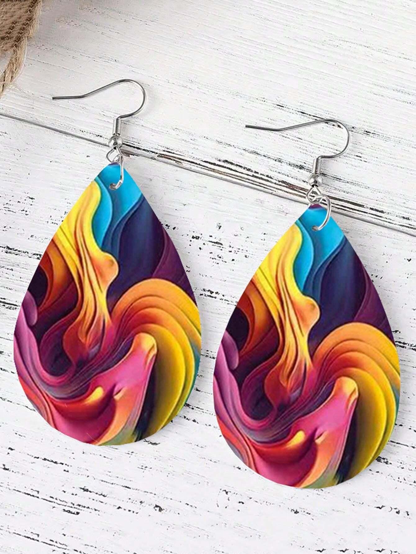 Rainbow Waterdrop Earrings Fun Colorful Wood - So Real Fashion