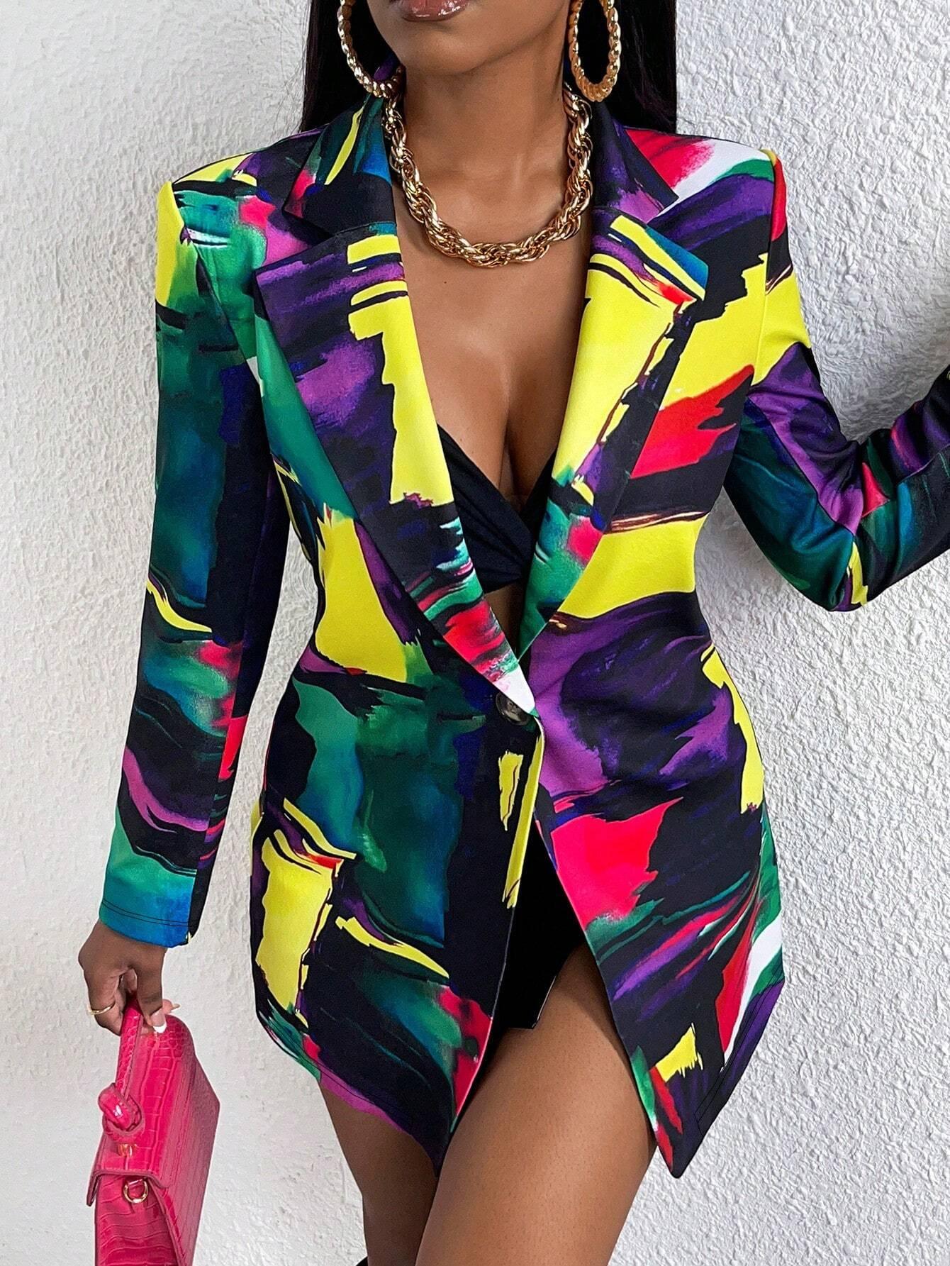 Slayr Allover Print Single Button Blazer Dress - So Real Fashion