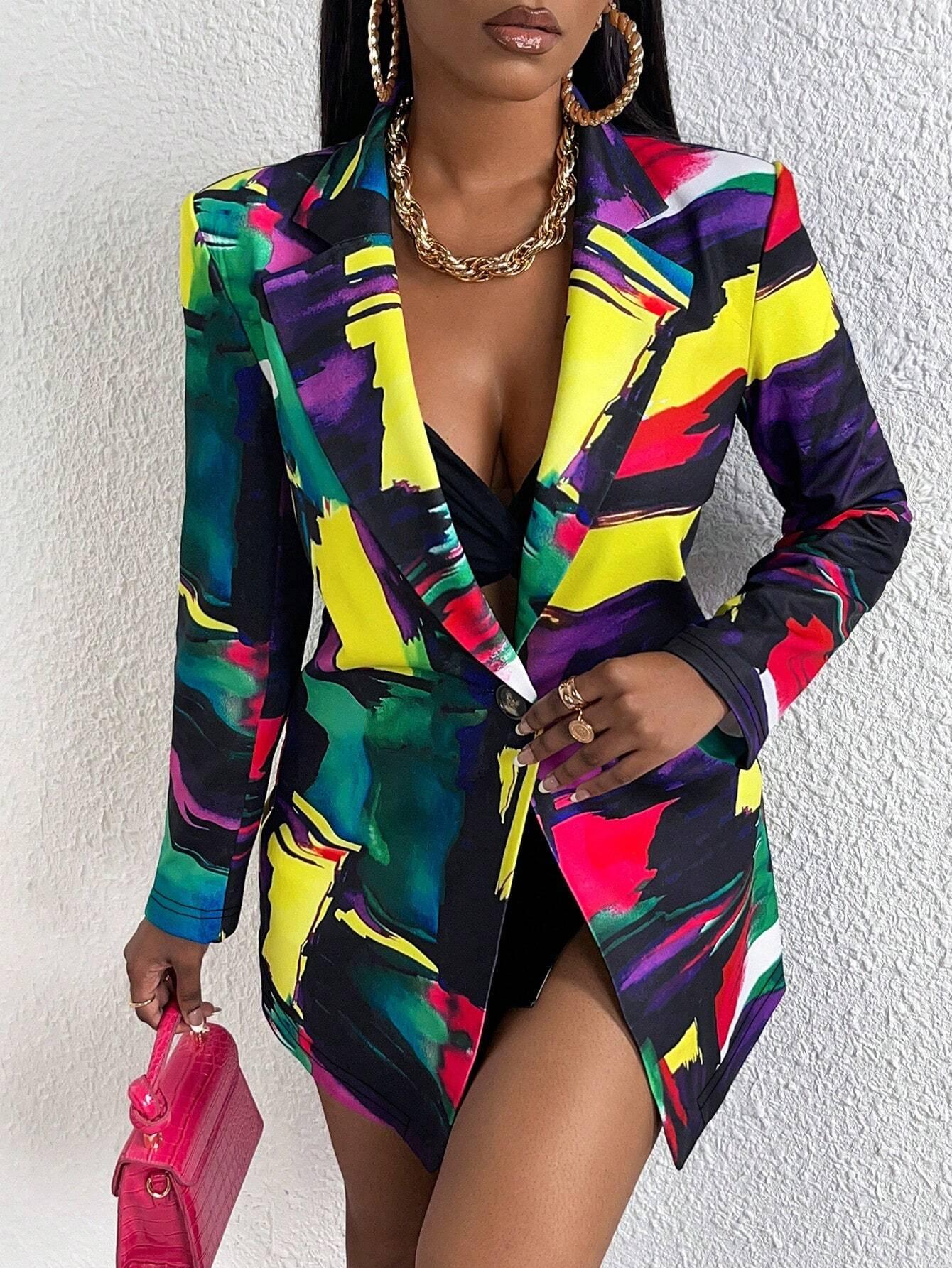 Slayr Allover Print Single Button Blazer Dress - So Real Fashion