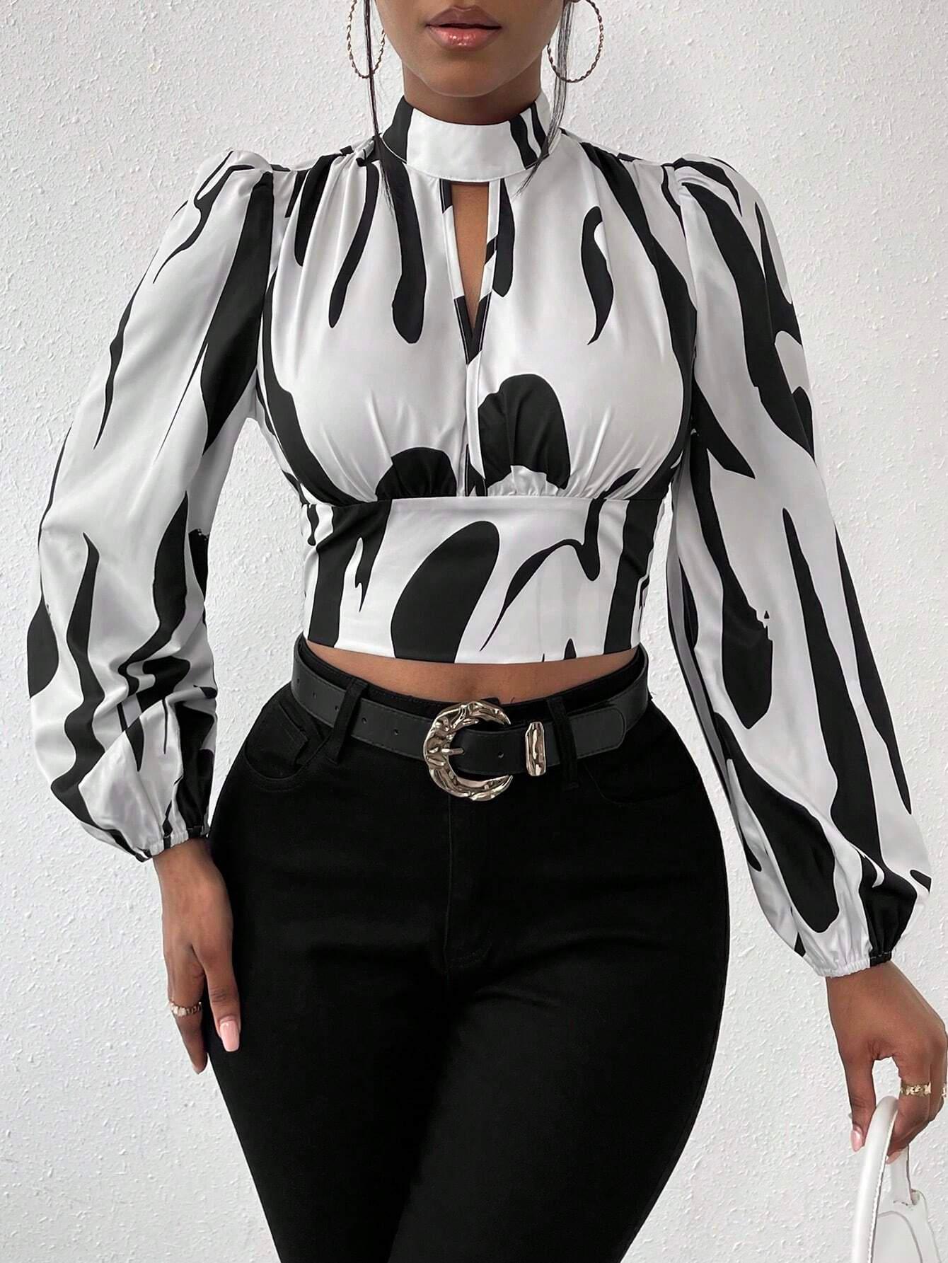 Keyhole Crop Top Lantern Sleeves - So Real Fashion