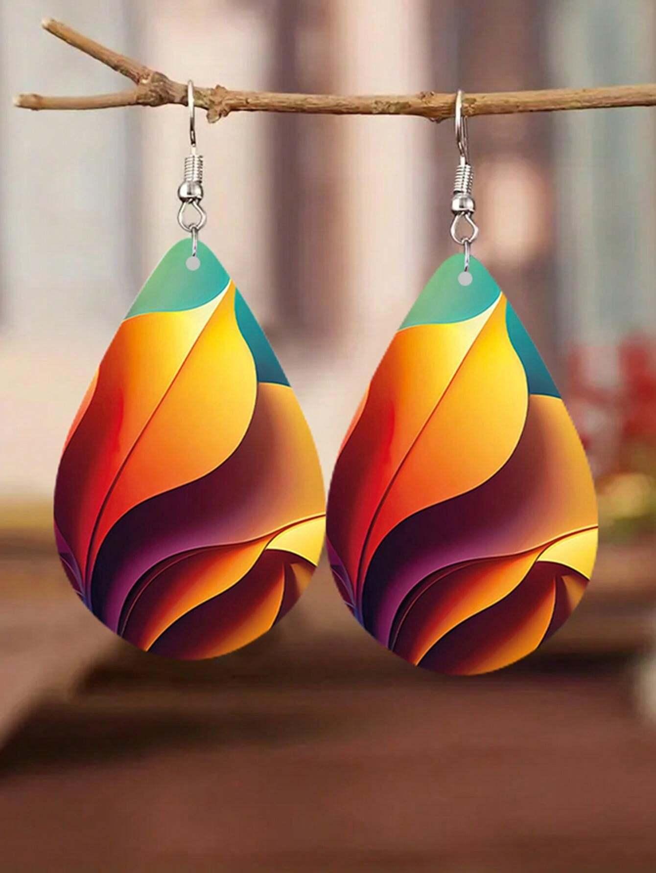 Rainbow Waterdrop Earrings Fun Colorful Wood - So Real Fashion