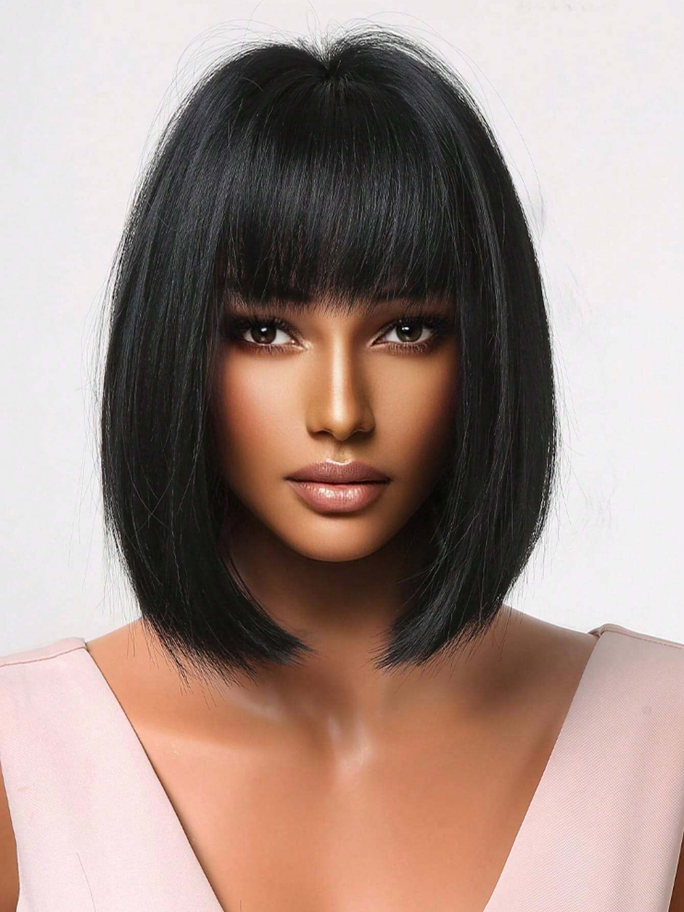 HAIRCUBE 12 Inch Short Straight Hair Wig For Women, Wine Red Claret And Black Multicoloured Synthetic Wig With Bangs Bob Wigs For Daily Life And Party. - So Real Fashion