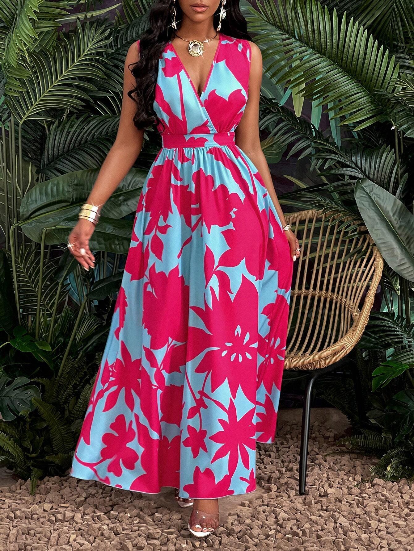 Tropical V Neck Maxi Dress Luxe Knit Flirty Fit. - So Real Fashion