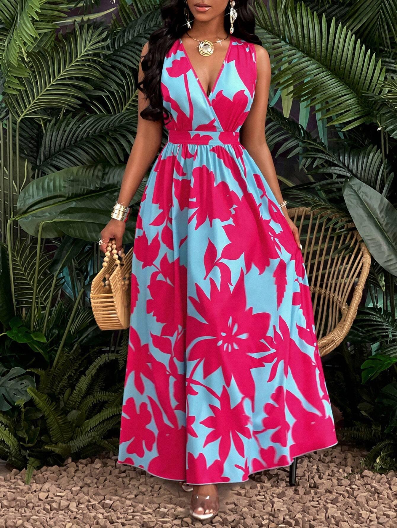 Tropical V Neck Maxi Dress Luxe Knit Flirty Fit. - So Real Fashion