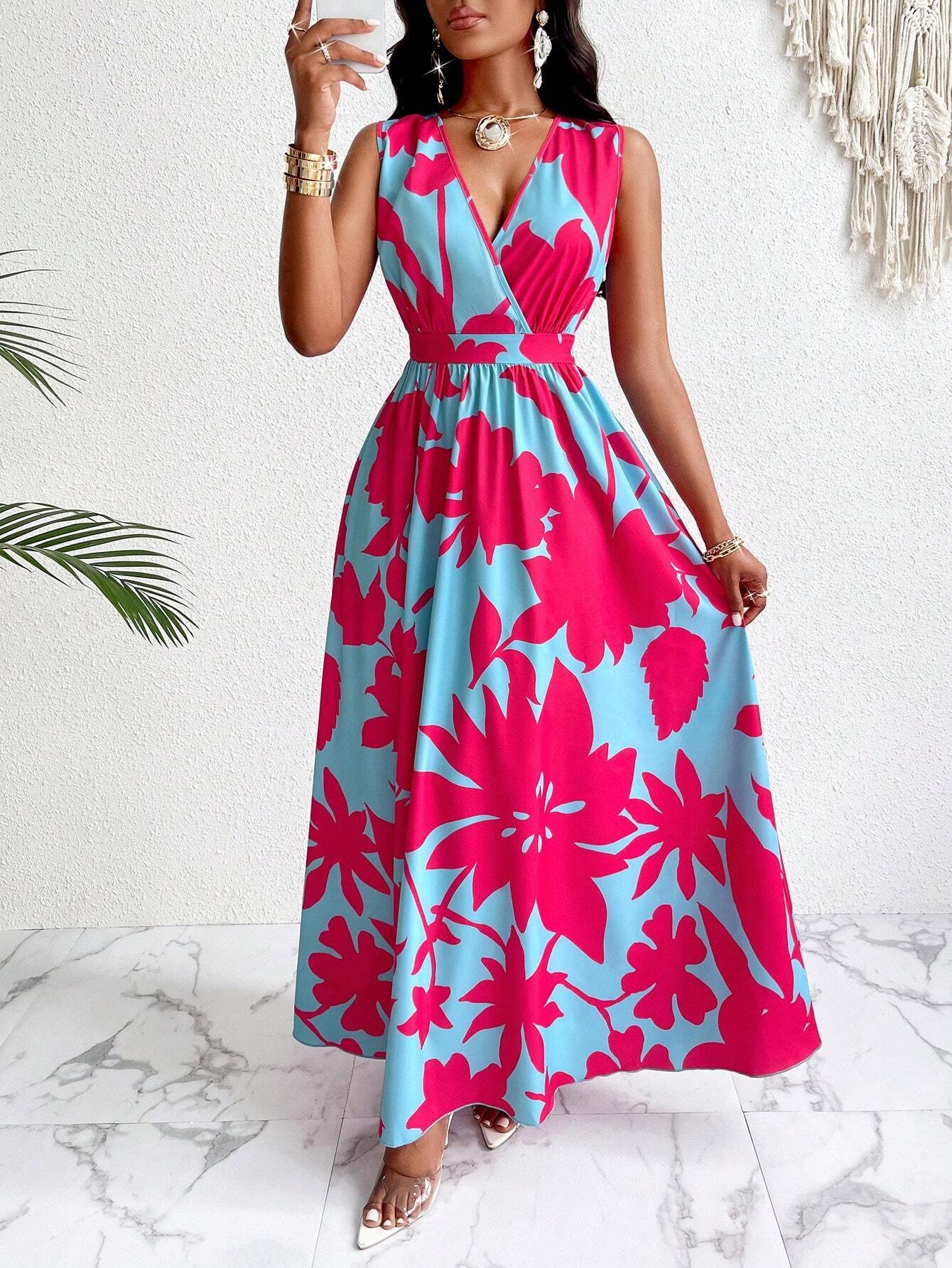 Tropical V Neck Maxi Dress Luxe Knit Flirty Fit. - So Real Fashion