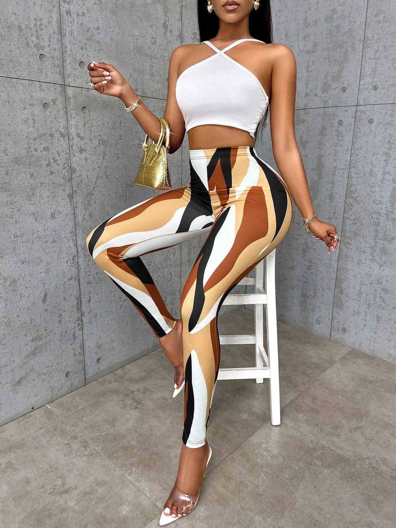 Casual Colorblock Slim Fit Stretchy Random Printed Leggings - So Real Fashion