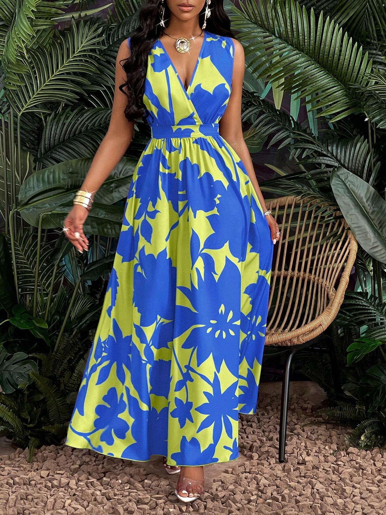 Tropical V Neck Maxi Dress Luxe Knit Flirty Fit. - So Real Fashion