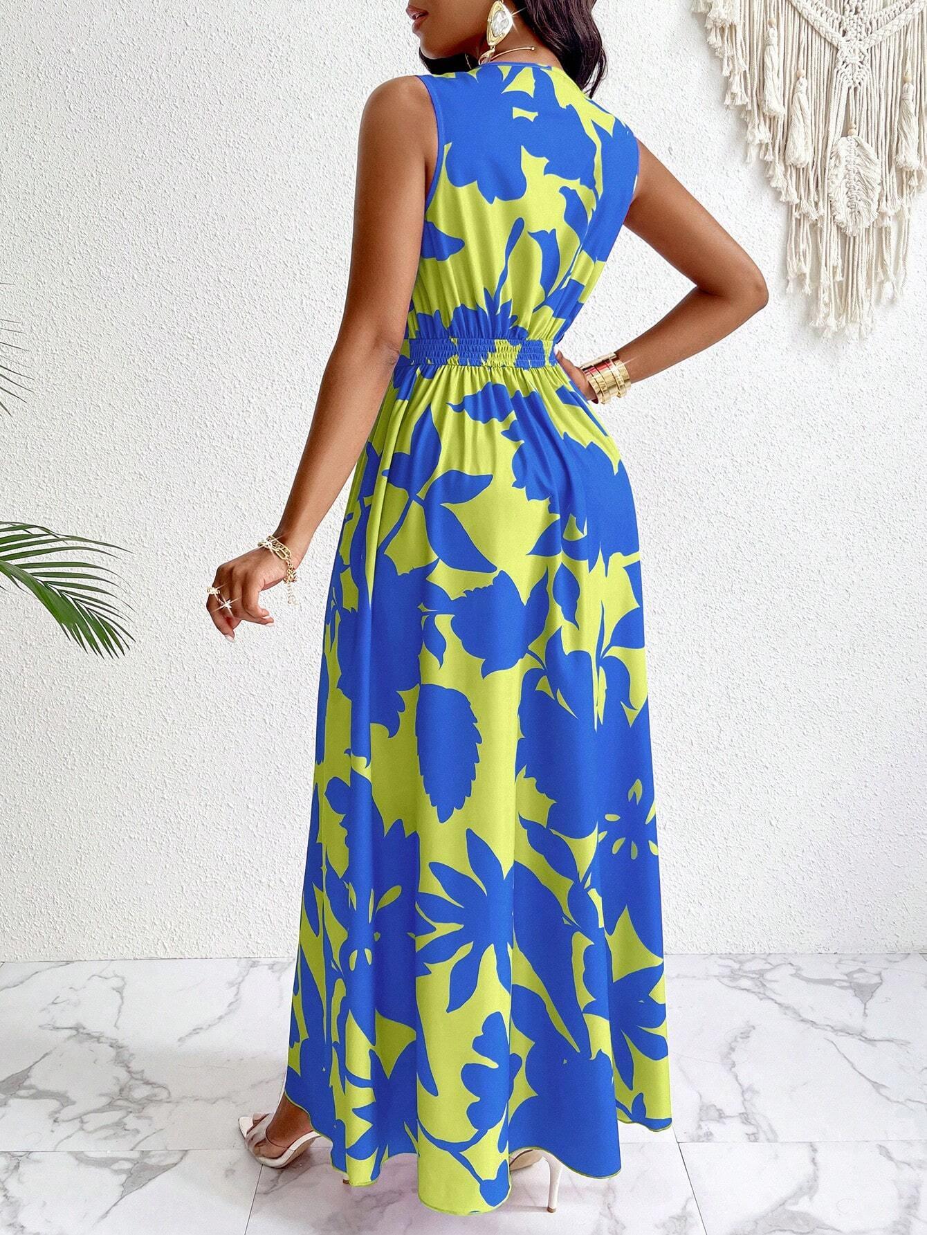 Tropical V Neck Maxi Dress Luxe Knit Flirty Fit. - So Real Fashion