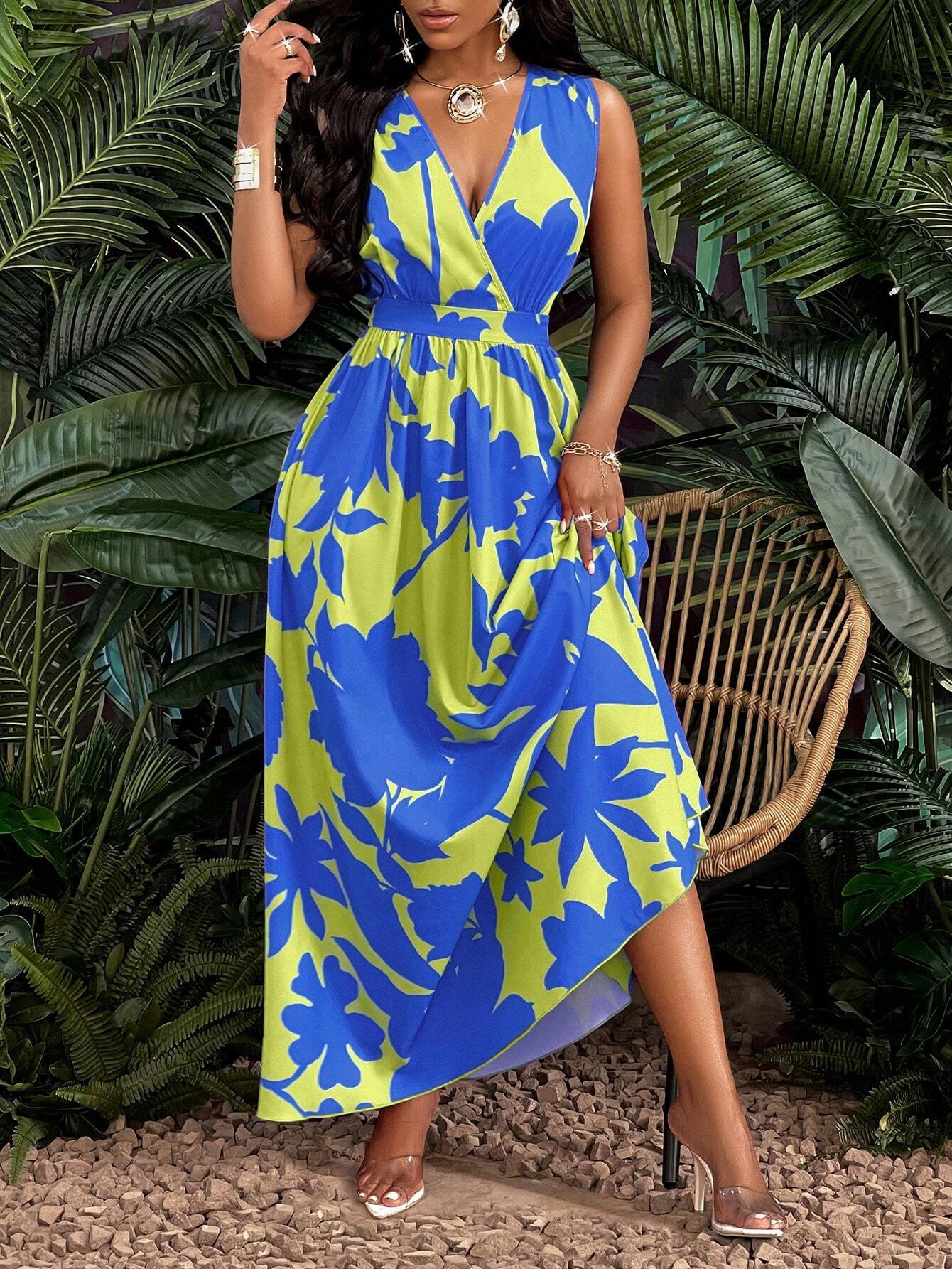 Tropical V Neck Maxi Dress Luxe Knit Flirty Fit. - So Real Fashion