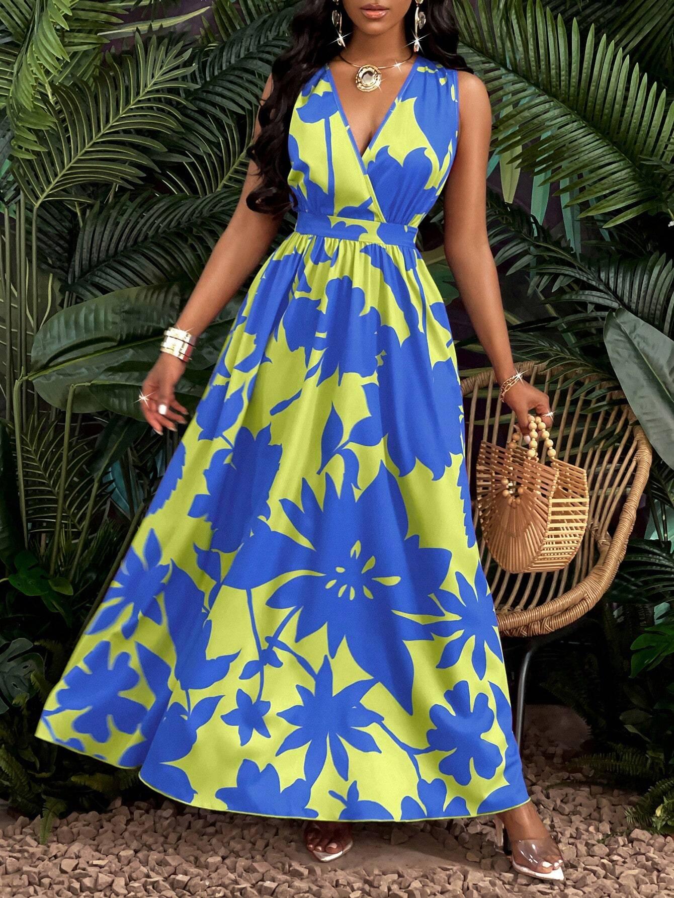 Tropical V Neck Maxi Dress Luxe Knit Flirty Fit. - So Real Fashion