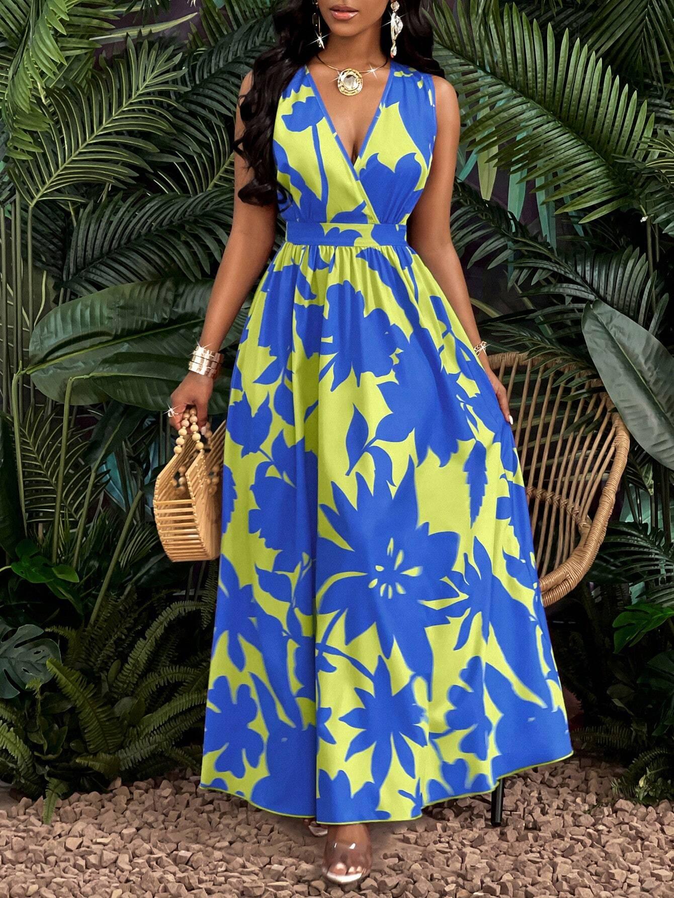 Tropical V Neck Maxi Dress Luxe Knit Flirty Fit. - So Real Fashion