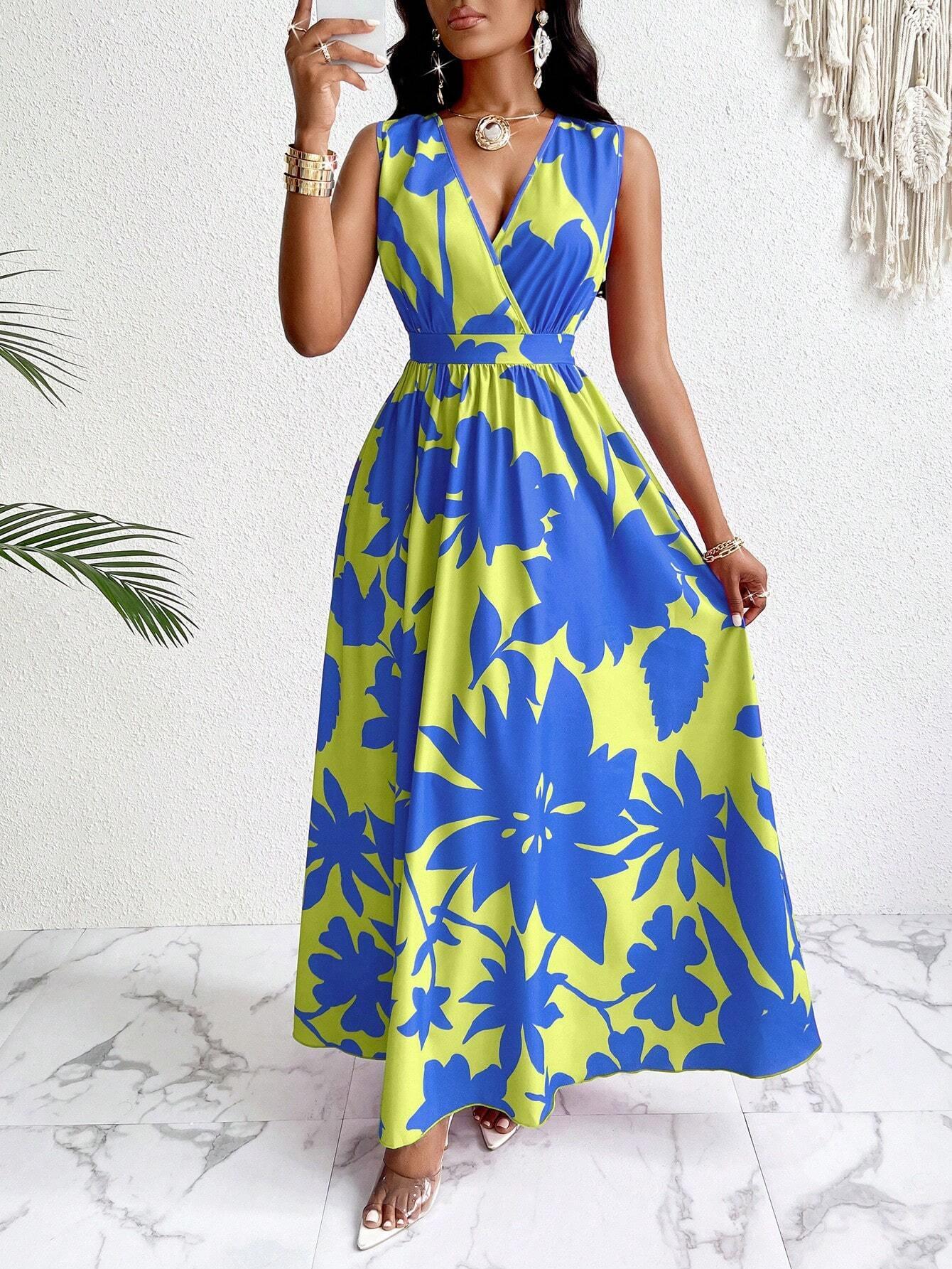 Tropical V Neck Maxi Dress Luxe Knit Flirty Fit. - So Real Fashion