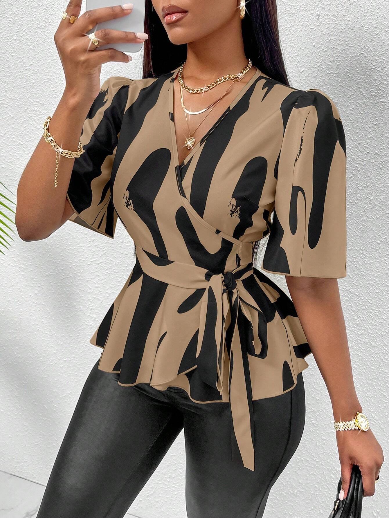 Women's Random Printed Tie Front V-Neck Short Sleeve Blouse Peplum Top - So Real Fashion