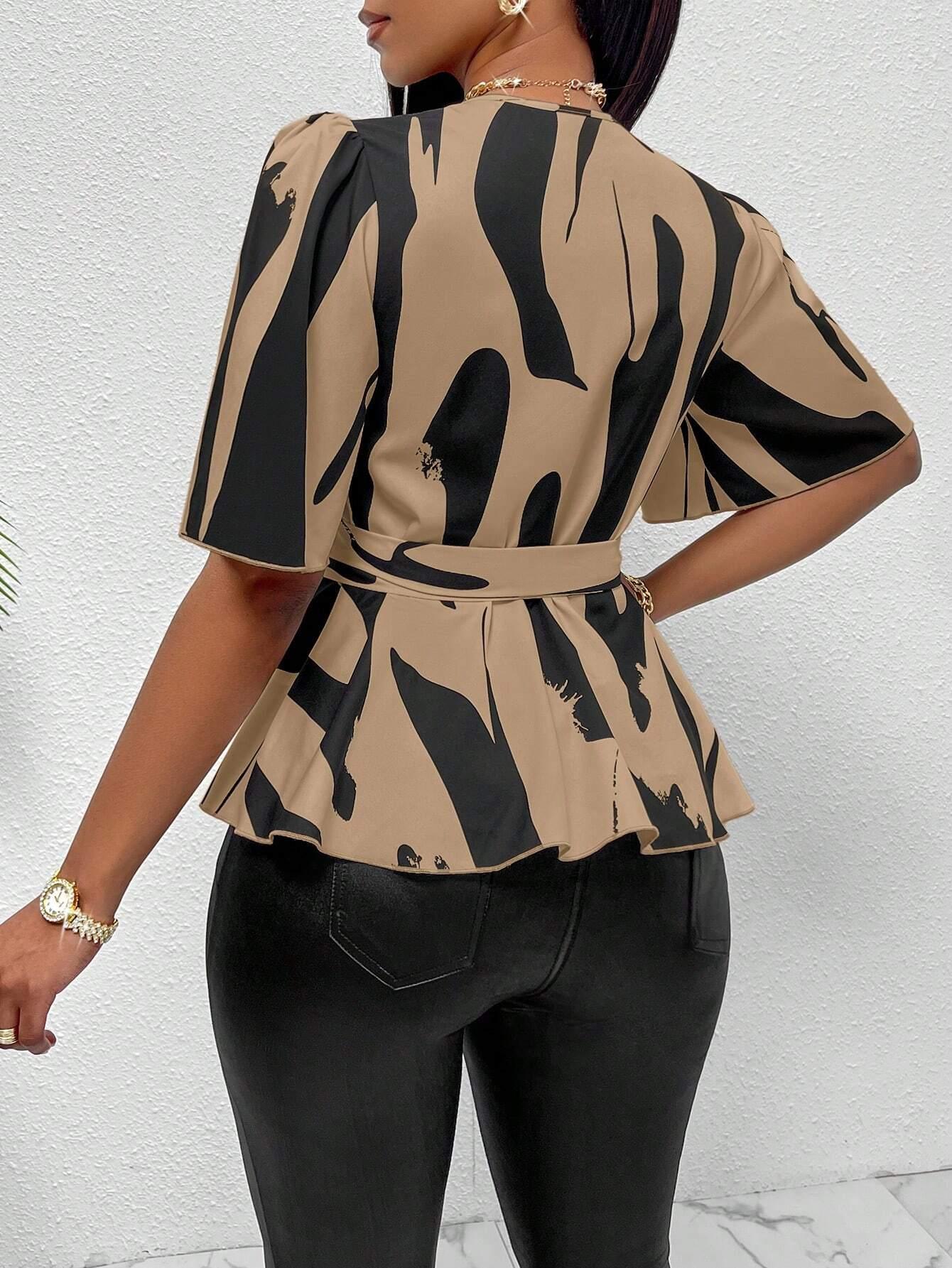 Women's Random Printed Tie Front V-Neck Short Sleeve Blouse Peplum Top - So Real Fashion