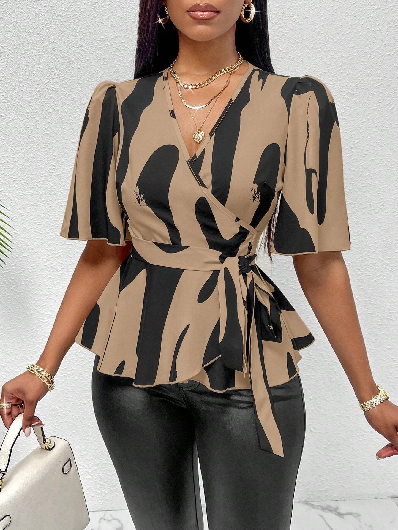 Women's Random Printed Tie Front V-Neck Short Sleeve Blouse Peplum Top - So Real Fashion