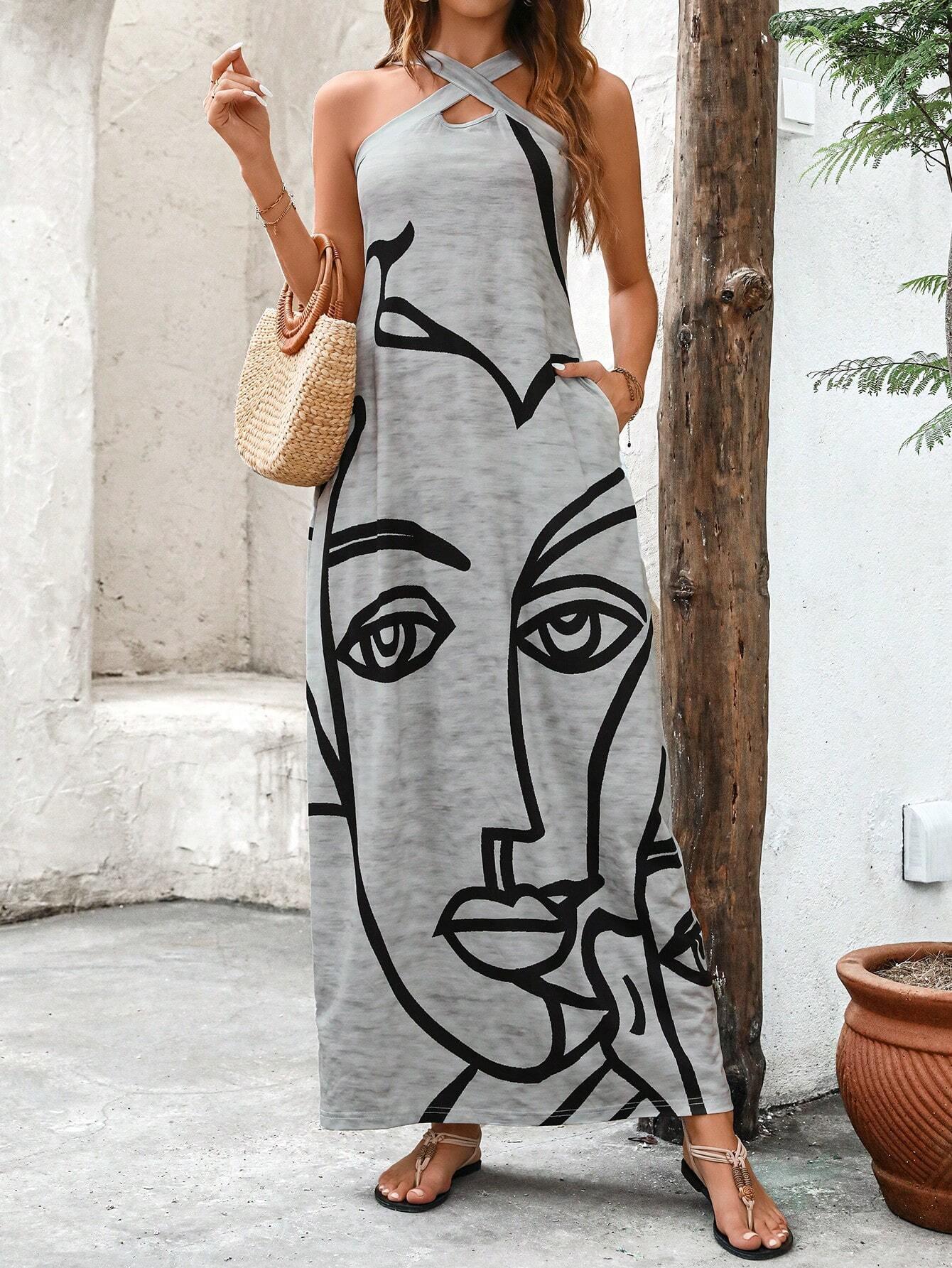 Summer Vacation Sleeveless Dress Crossed Front Side Print - So Real Fashion