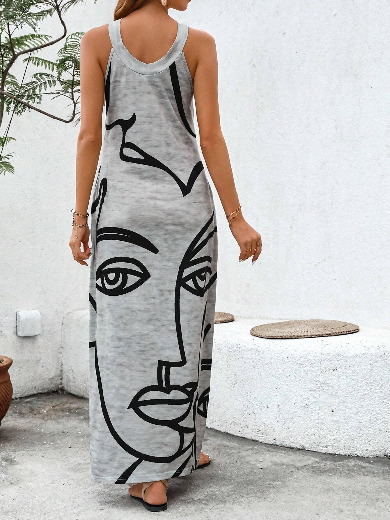 Summer Vacation Sleeveless Dress Crossed Front Side Print - So Real Fashion