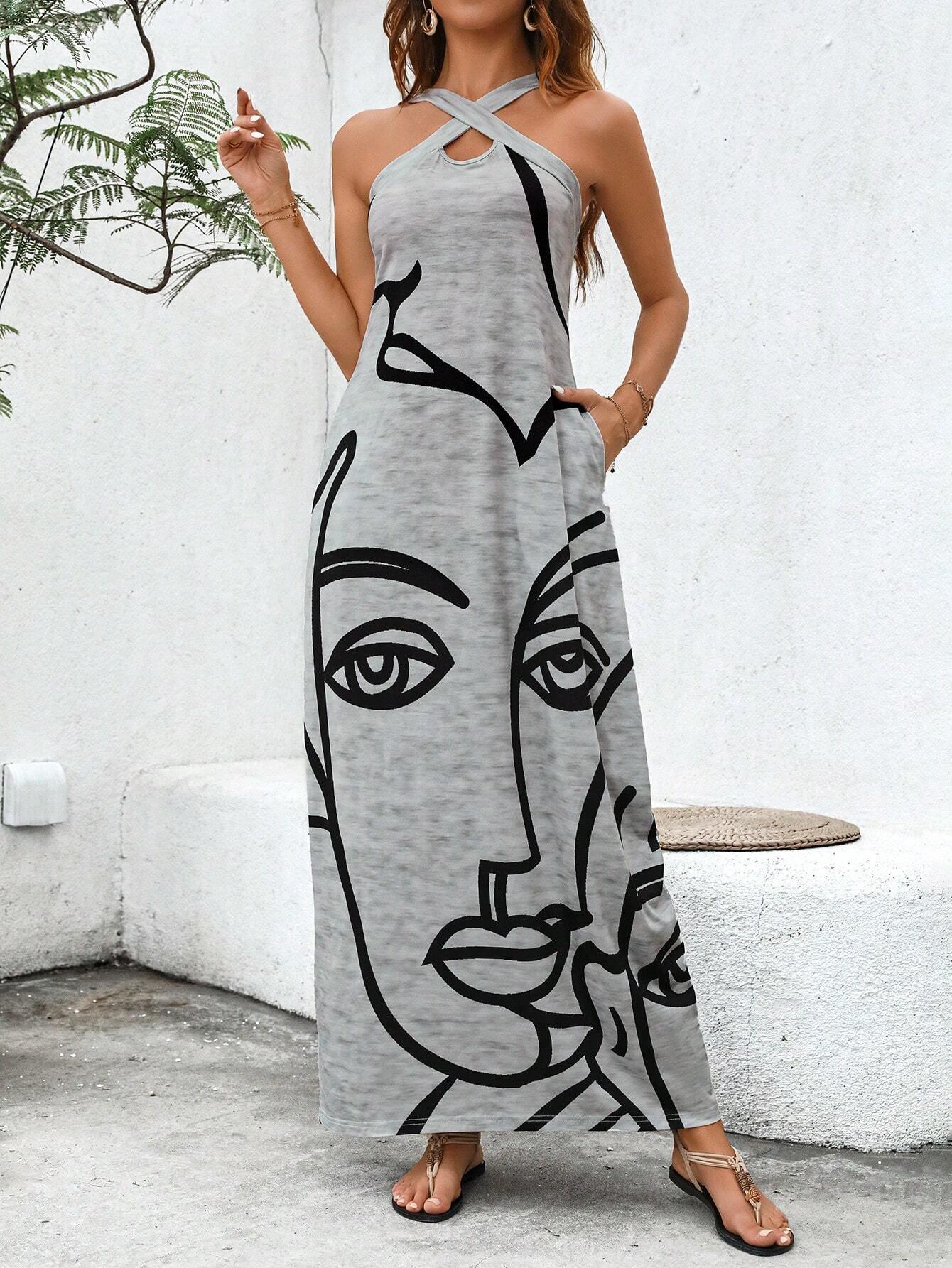 Summer Vacation Sleeveless Dress Crossed Front Side Print - So Real Fashion