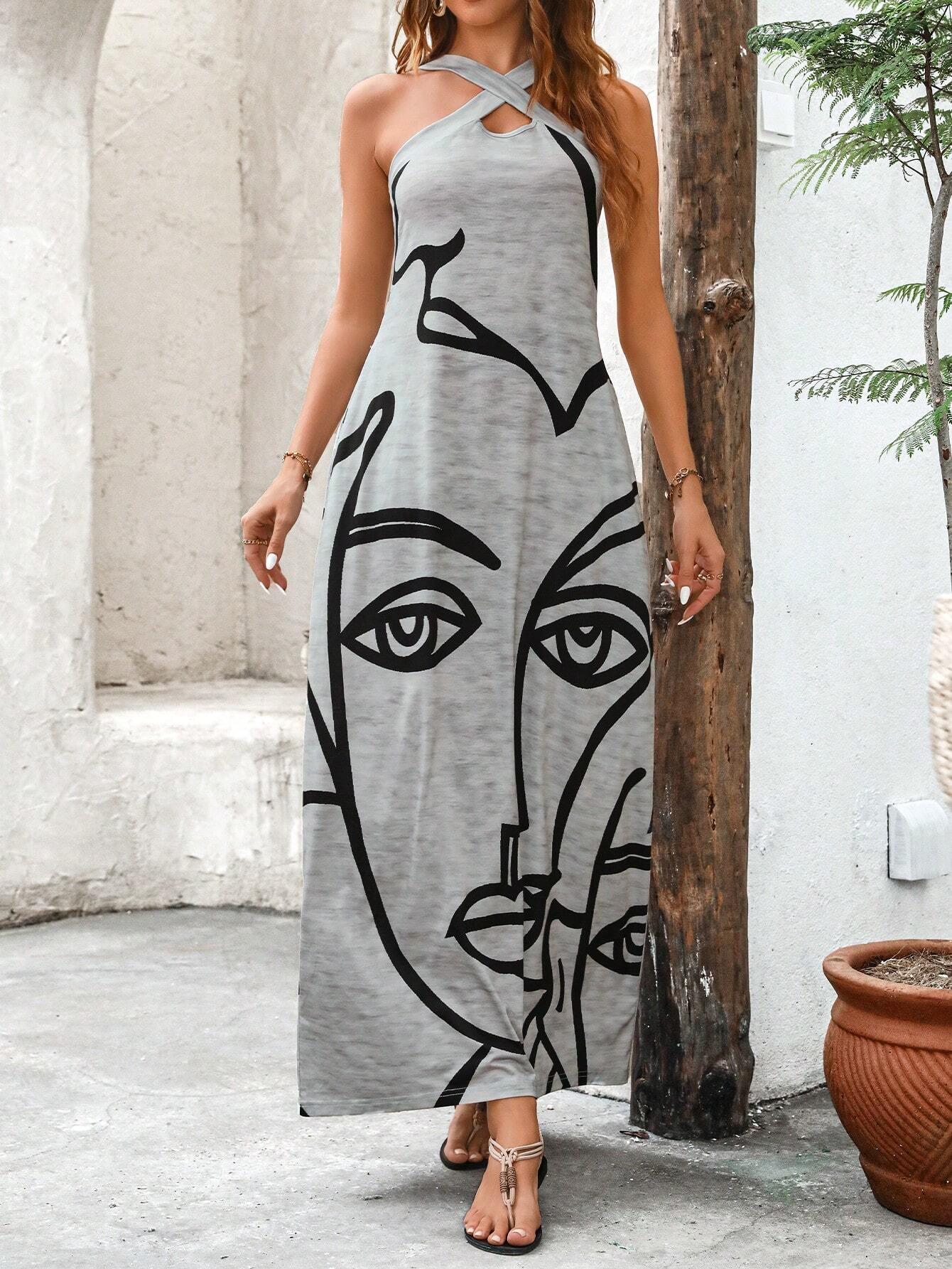 Summer Vacation Sleeveless Dress Crossed Front Side Print - So Real Fashion