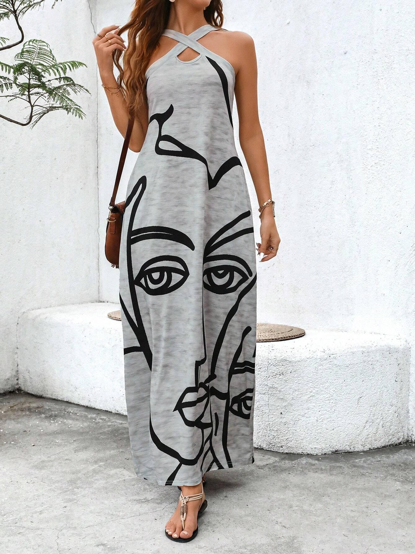 Summer Vacation Sleeveless Dress Crossed Front Side Print - So Real Fashion