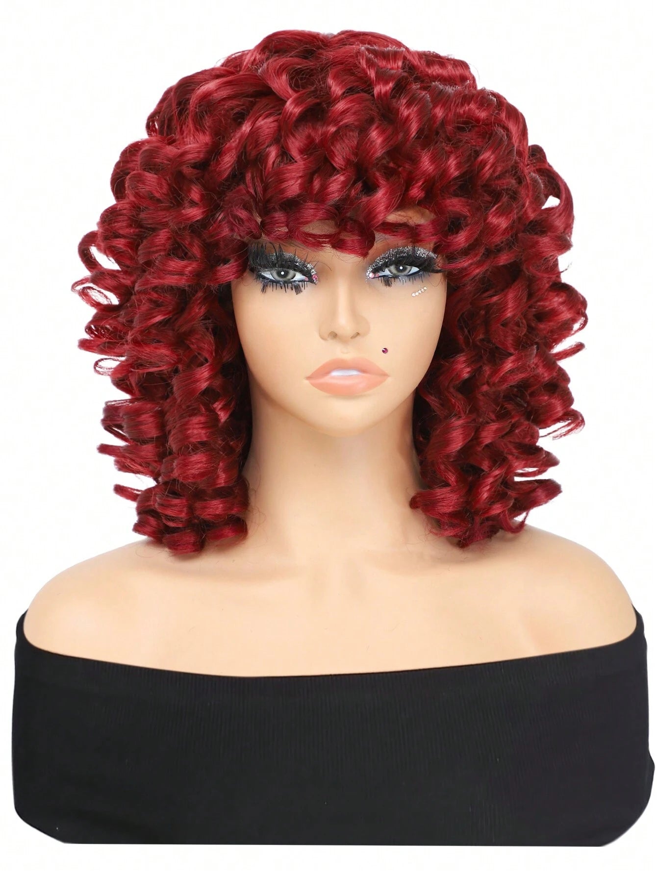 Red Bouncy Curly Wig with Bangs Easy Style - So Real Fashion