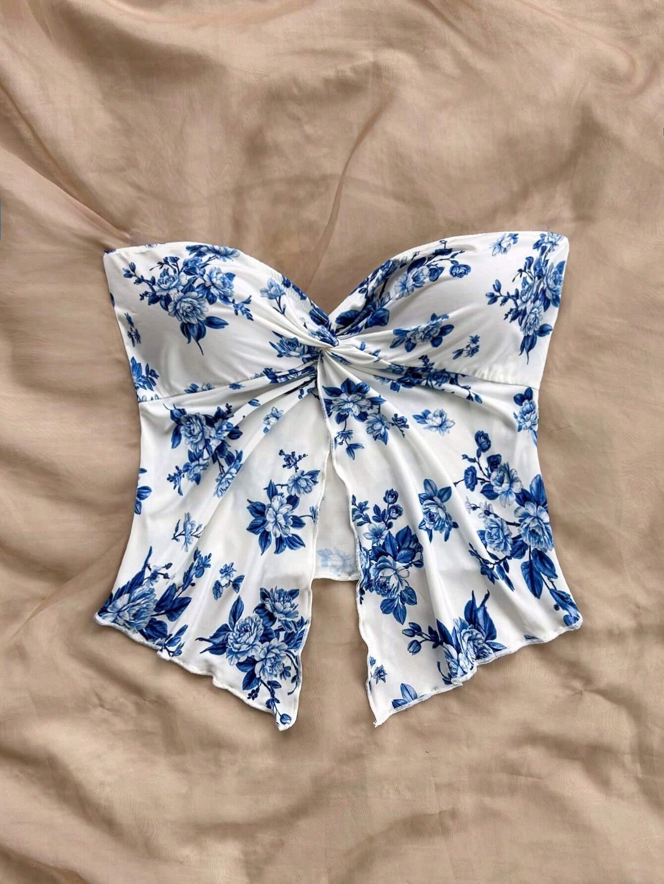 Dreamy Blue Floral Crop Top Vacation Ready - So Real Fashion