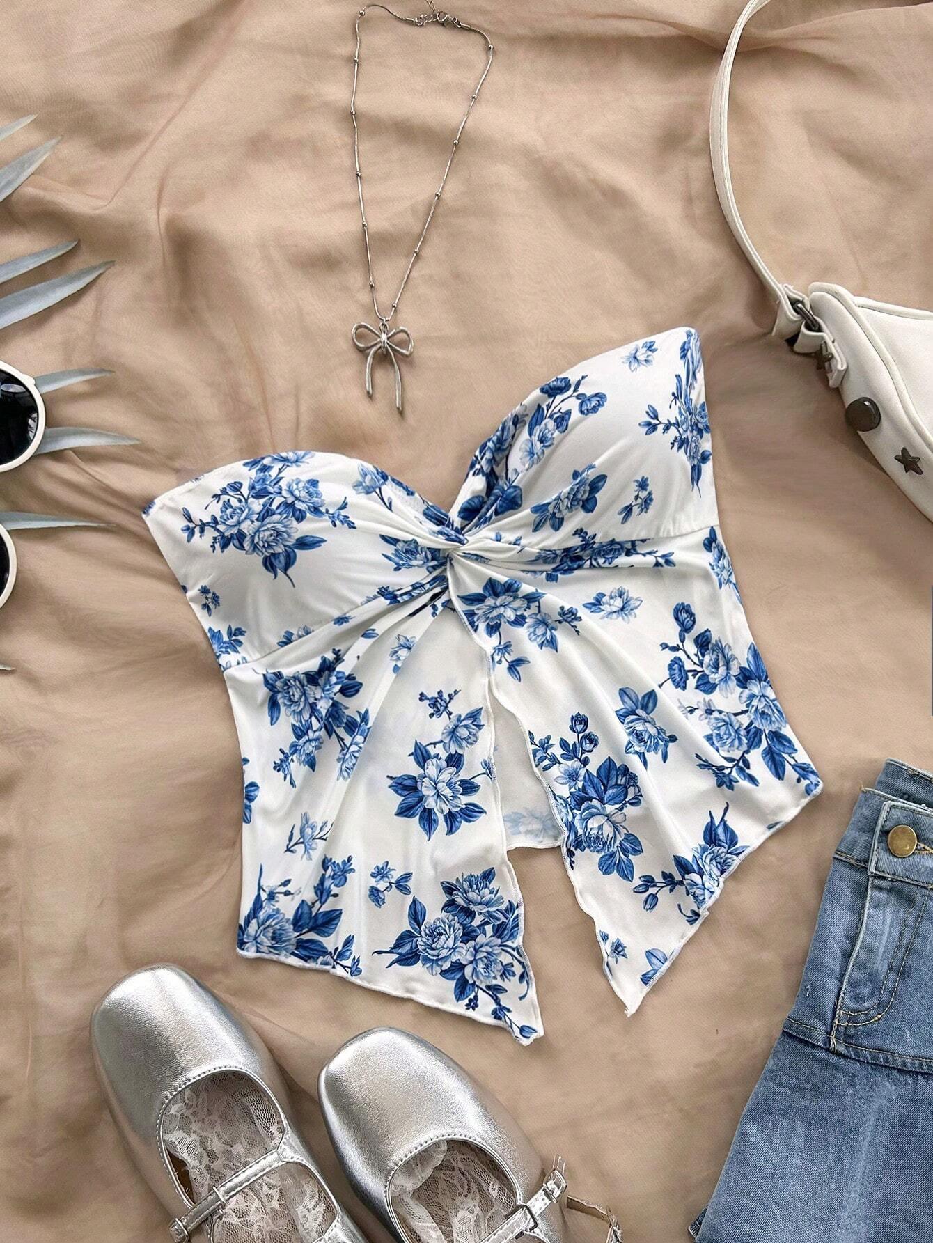 Dreamy Blue Floral Crop Top Vacation Ready - So Real Fashion