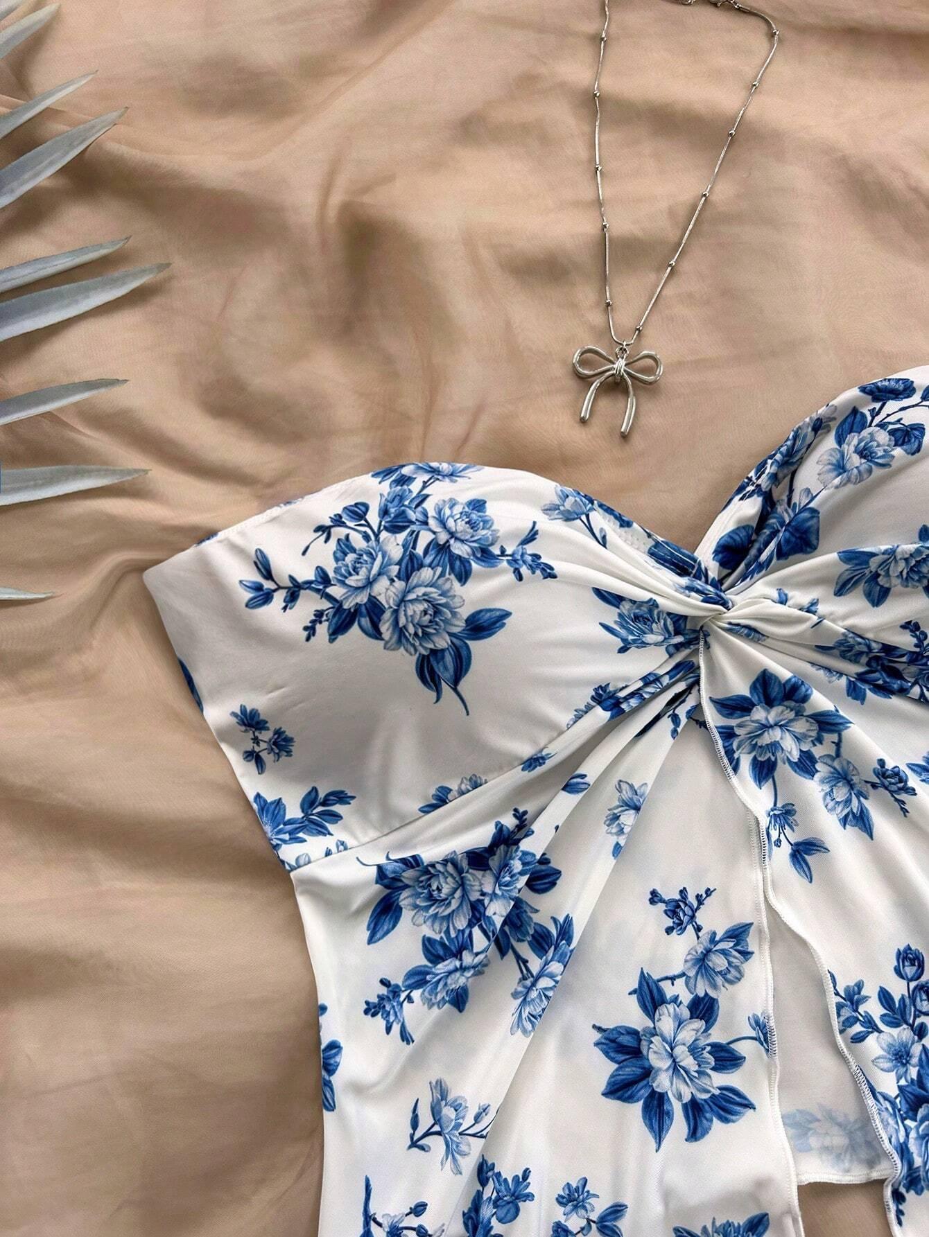 Dreamy Blue Floral Crop Top Vacation Ready - So Real Fashion