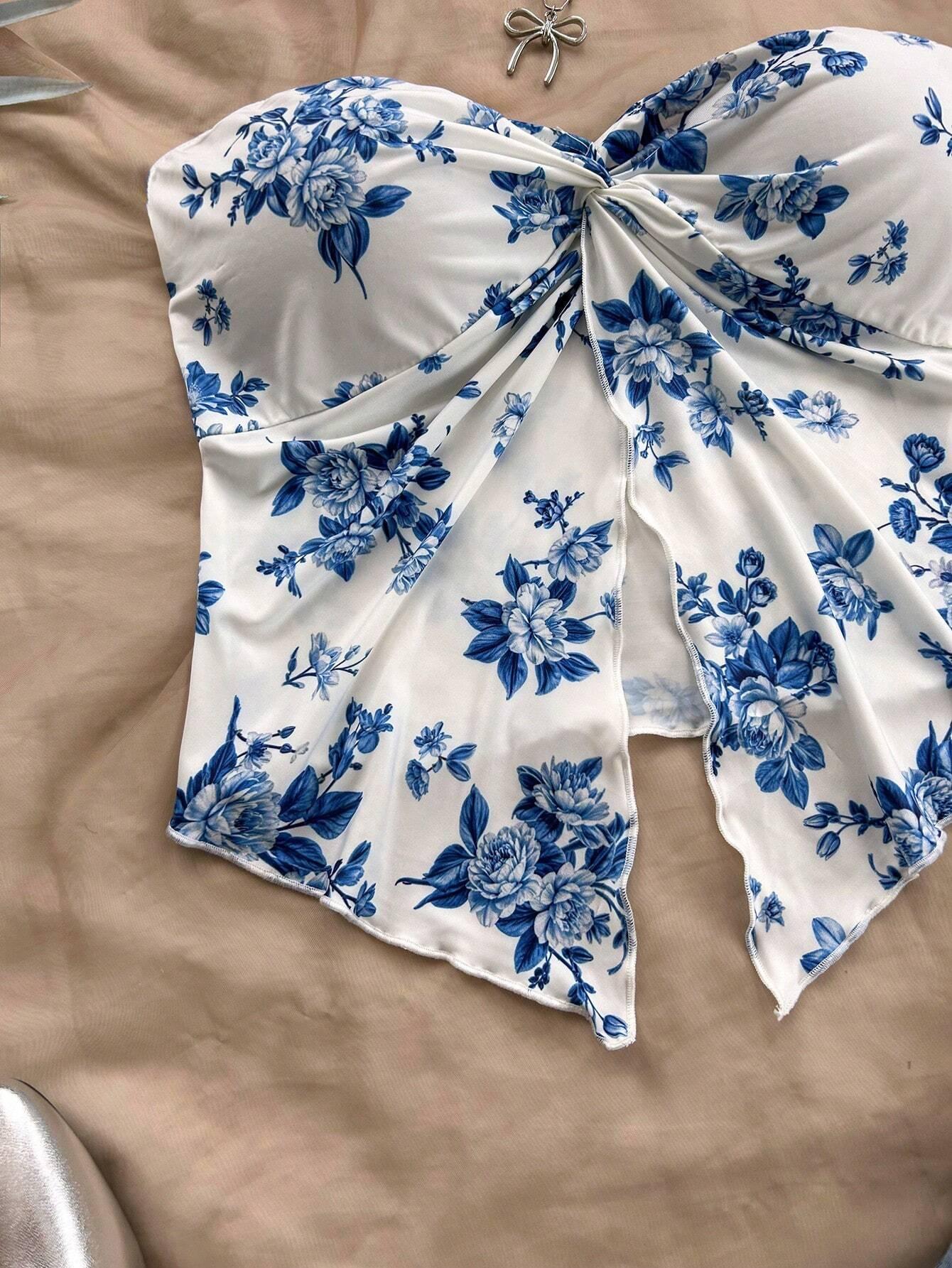 Dreamy Blue Floral Crop Top Vacation Ready - So Real Fashion