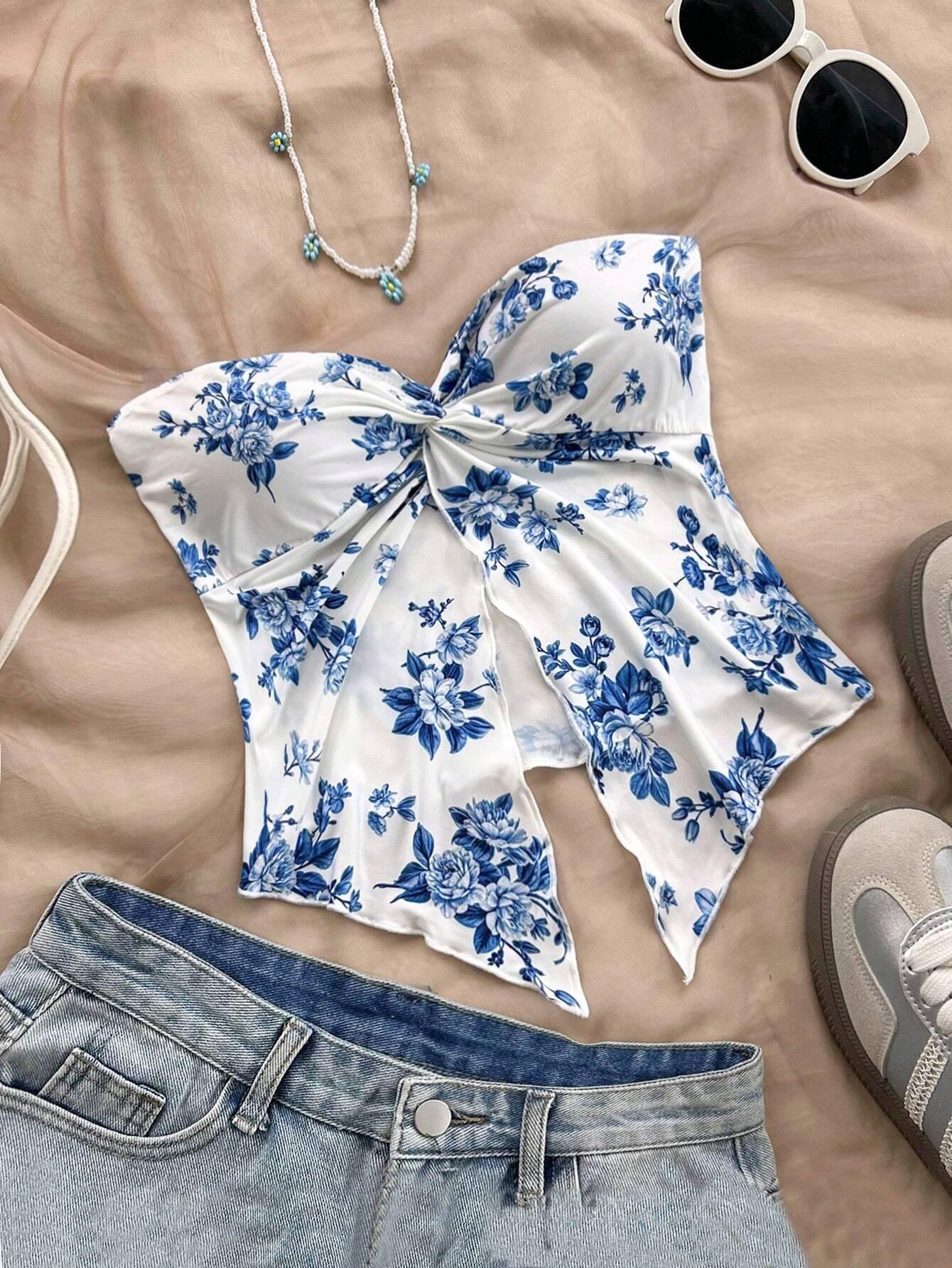 Dreamy Blue Floral Crop Top Vacation Ready - So Real Fashion