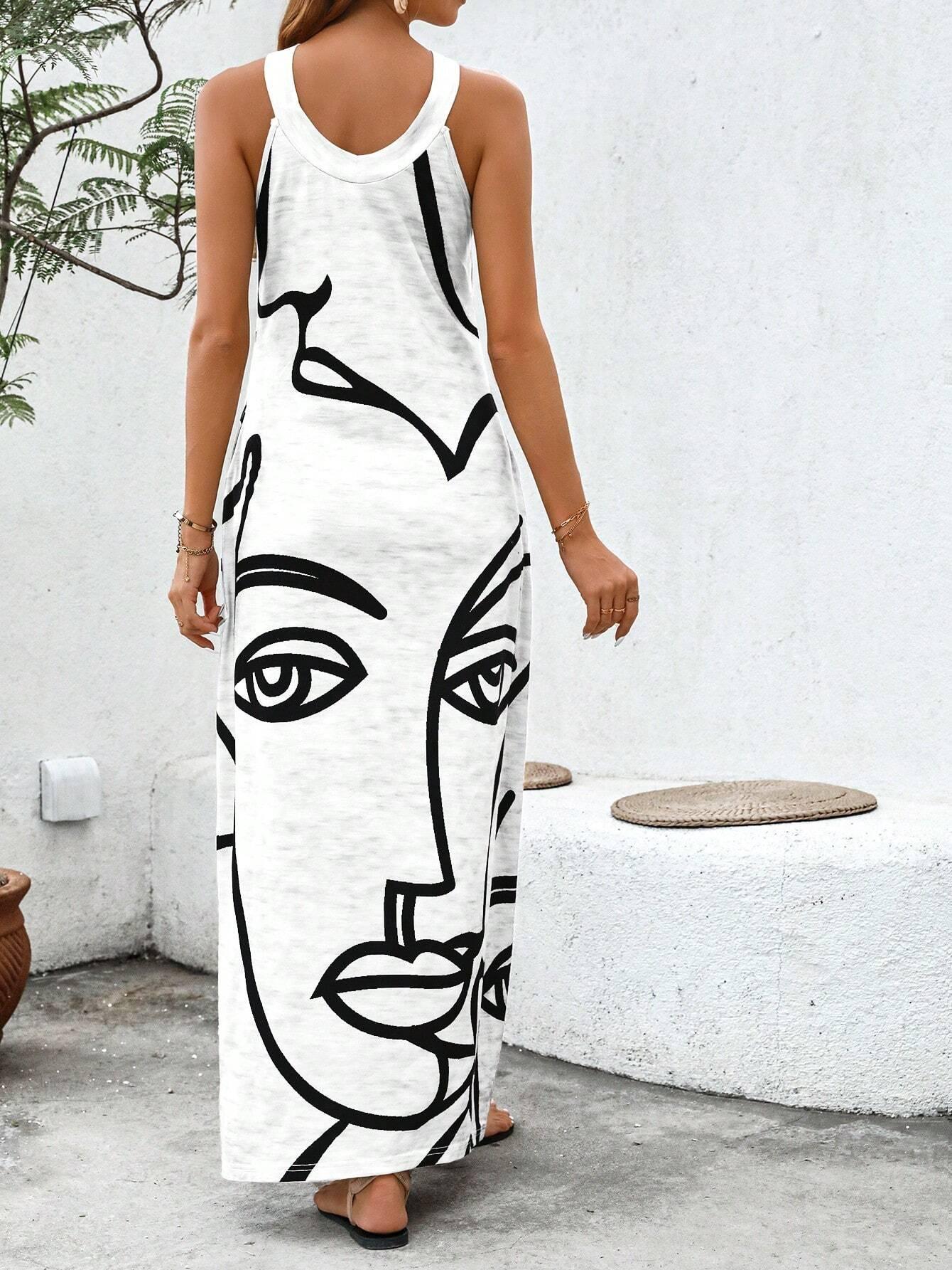 Summer Vacation Sleeveless Dress Crossed Front Side Print - So Real Fashion