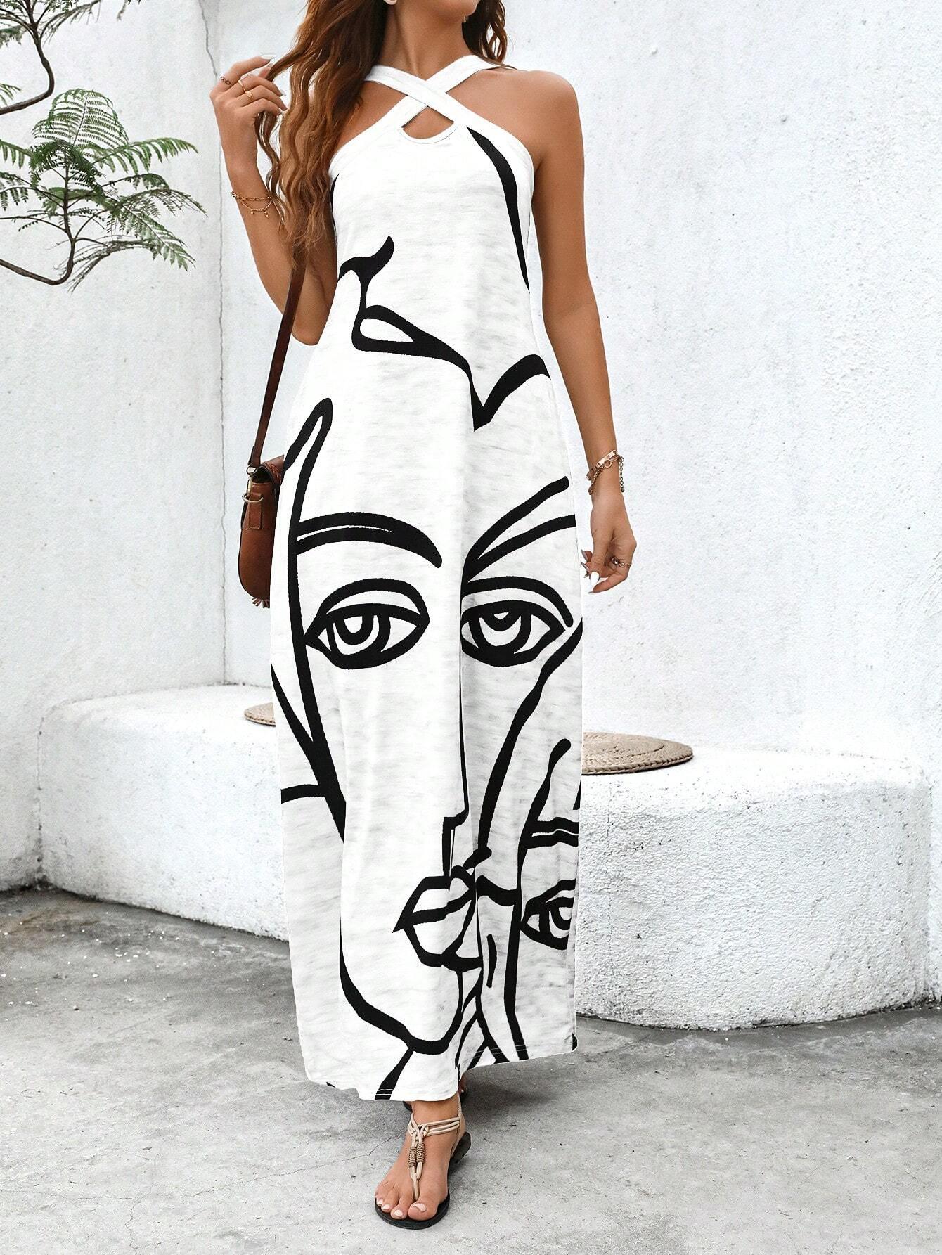 Summer Vacation Sleeveless Dress Crossed Front Side Print - So Real Fashion