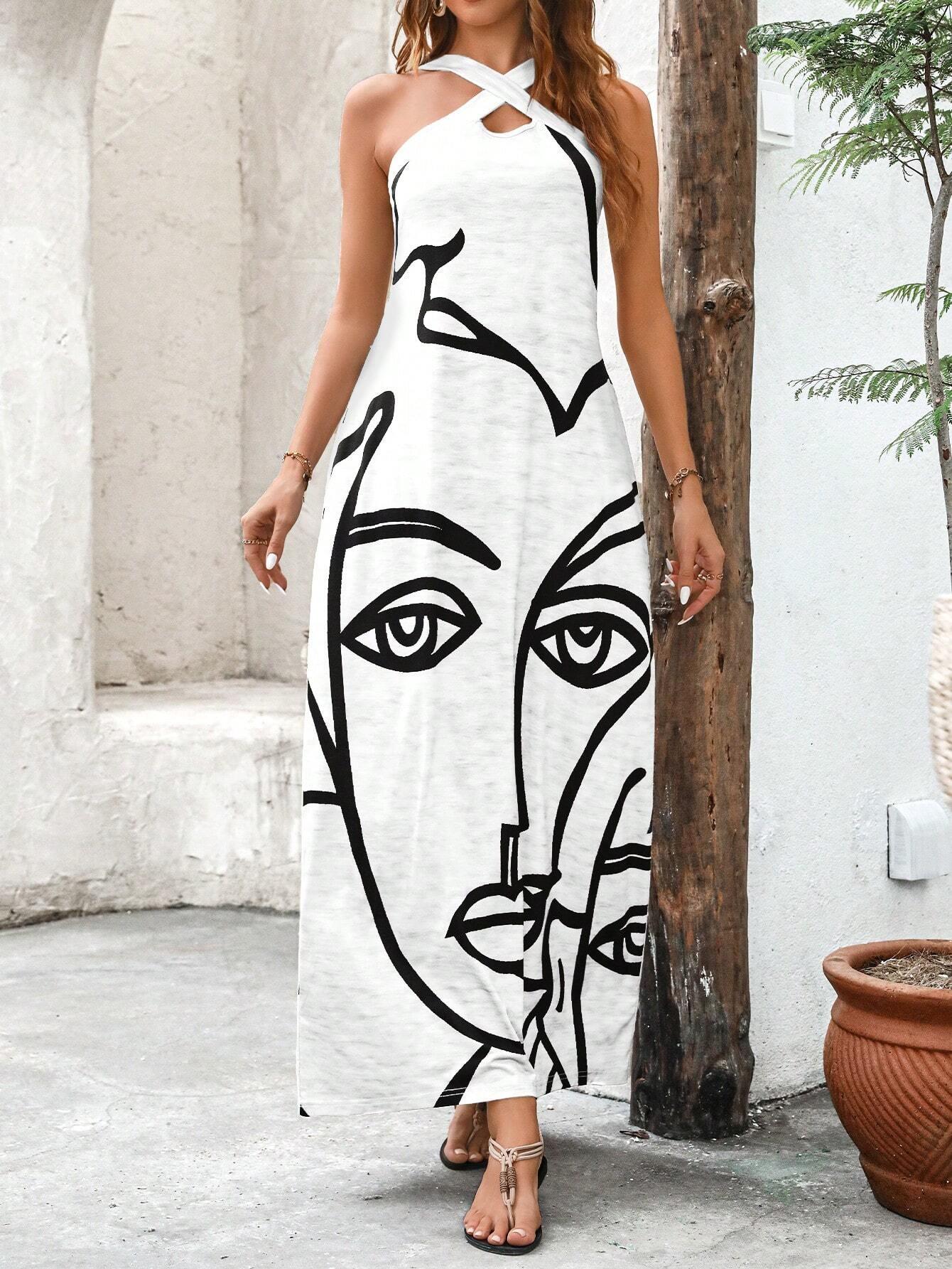 Summer Vacation Sleeveless Dress Crossed Front Side Print - So Real Fashion