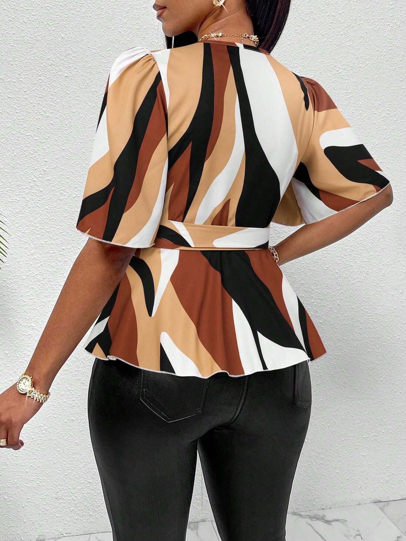 Women's Random Printed Tie Front V-Neck Short Sleeve Blouse Peplum Top - So Real Fashion