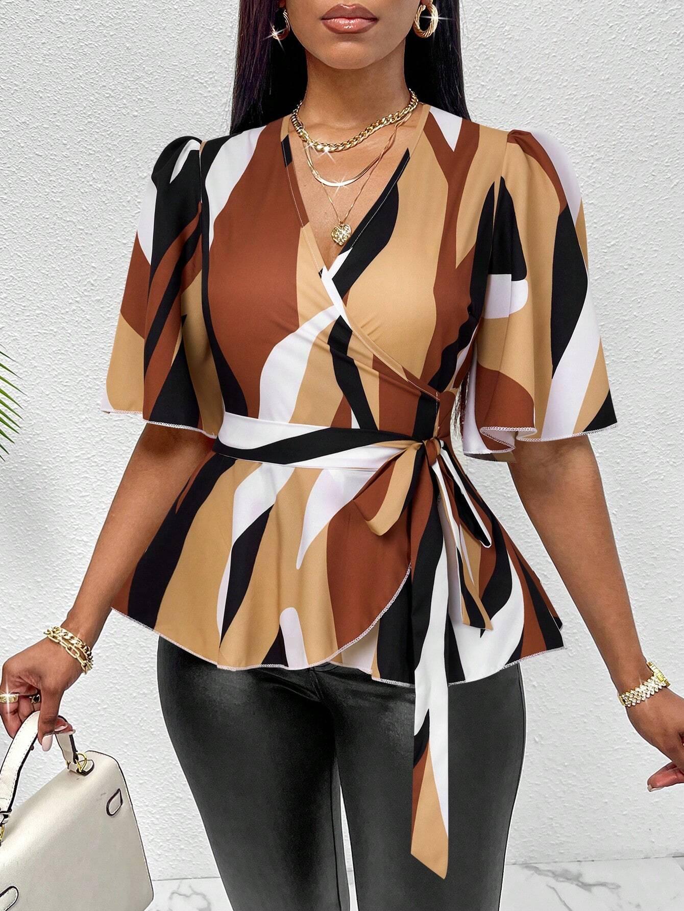 Women's Random Printed Tie Front V-Neck Short Sleeve Blouse Peplum Top - So Real Fashion