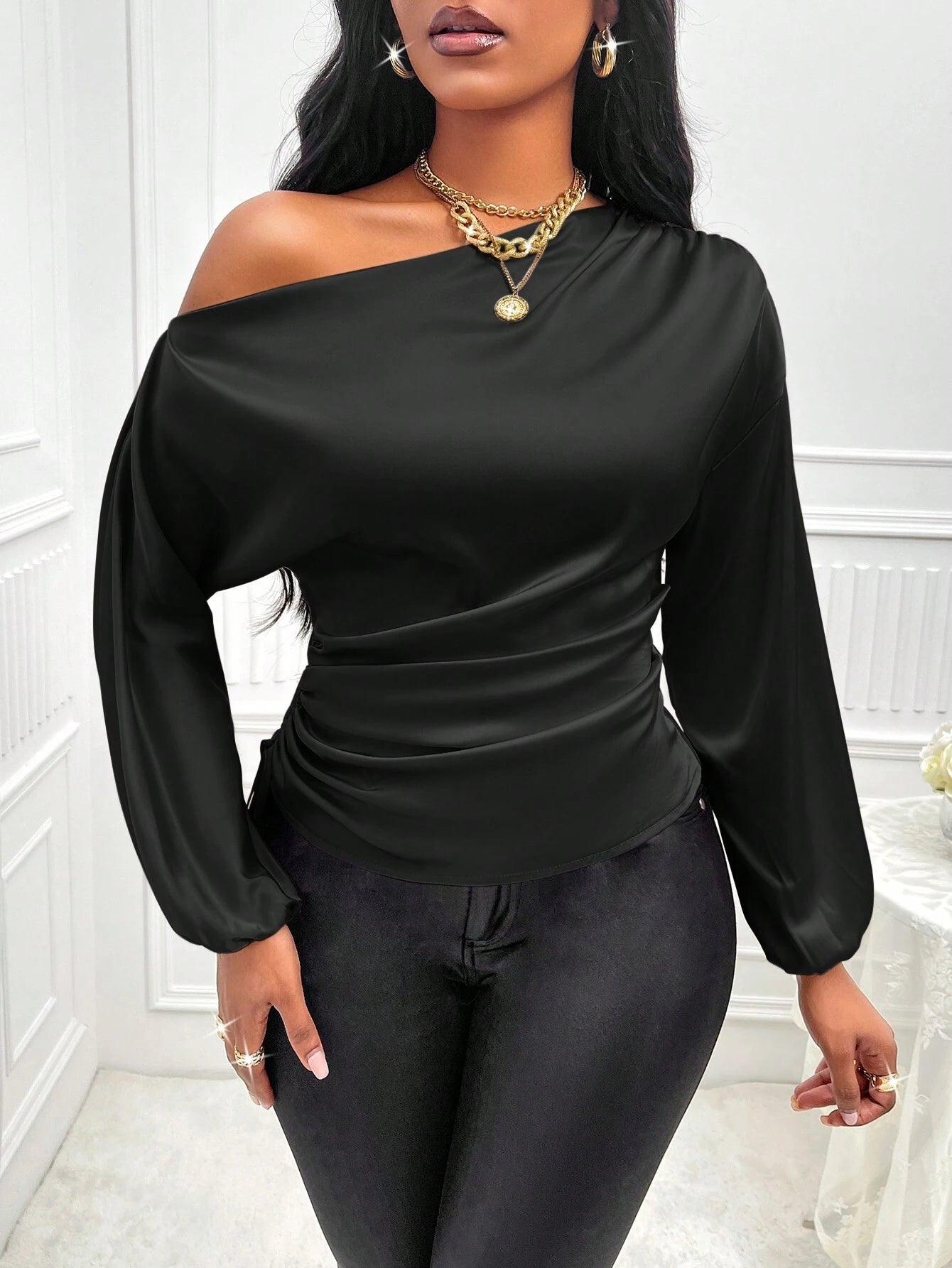 Asymmetric Lantern Sleeve Top Elegant OneShoulder Style - So Real Fashion