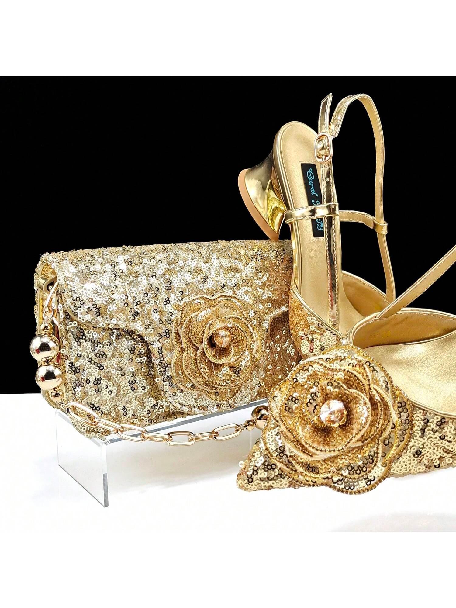 Women's Shoes And Handbag Set - Sequin Covered, Handmade Flower Decorated Elegant High Heel Shoes, Soft Square Bag Matched With Beaded Chain - So Real Fashion