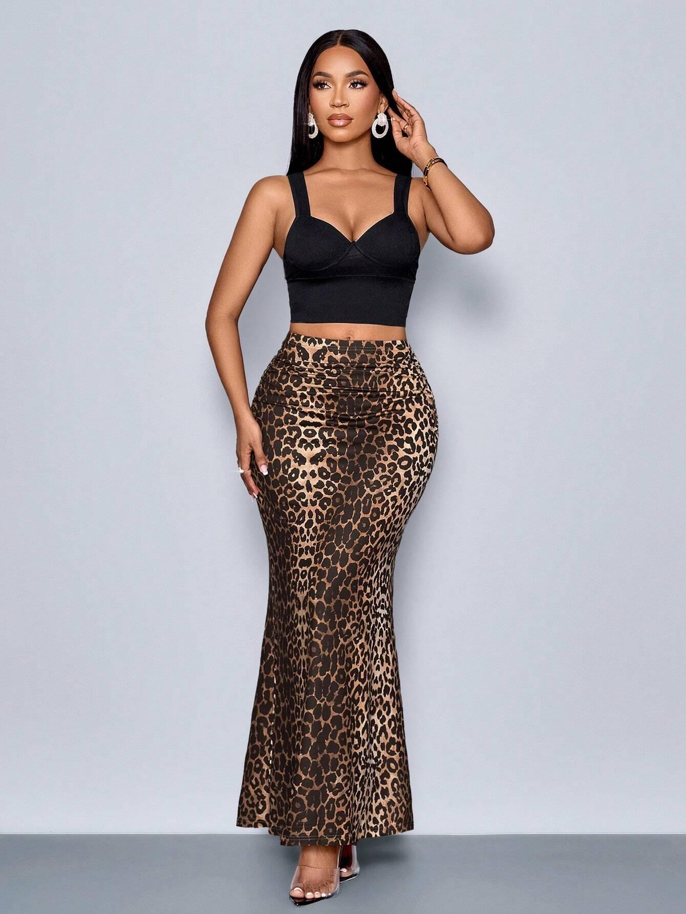 Leopard Mermaid Maxi Skirt Elegant Ruched and Chic - So Real Fashion