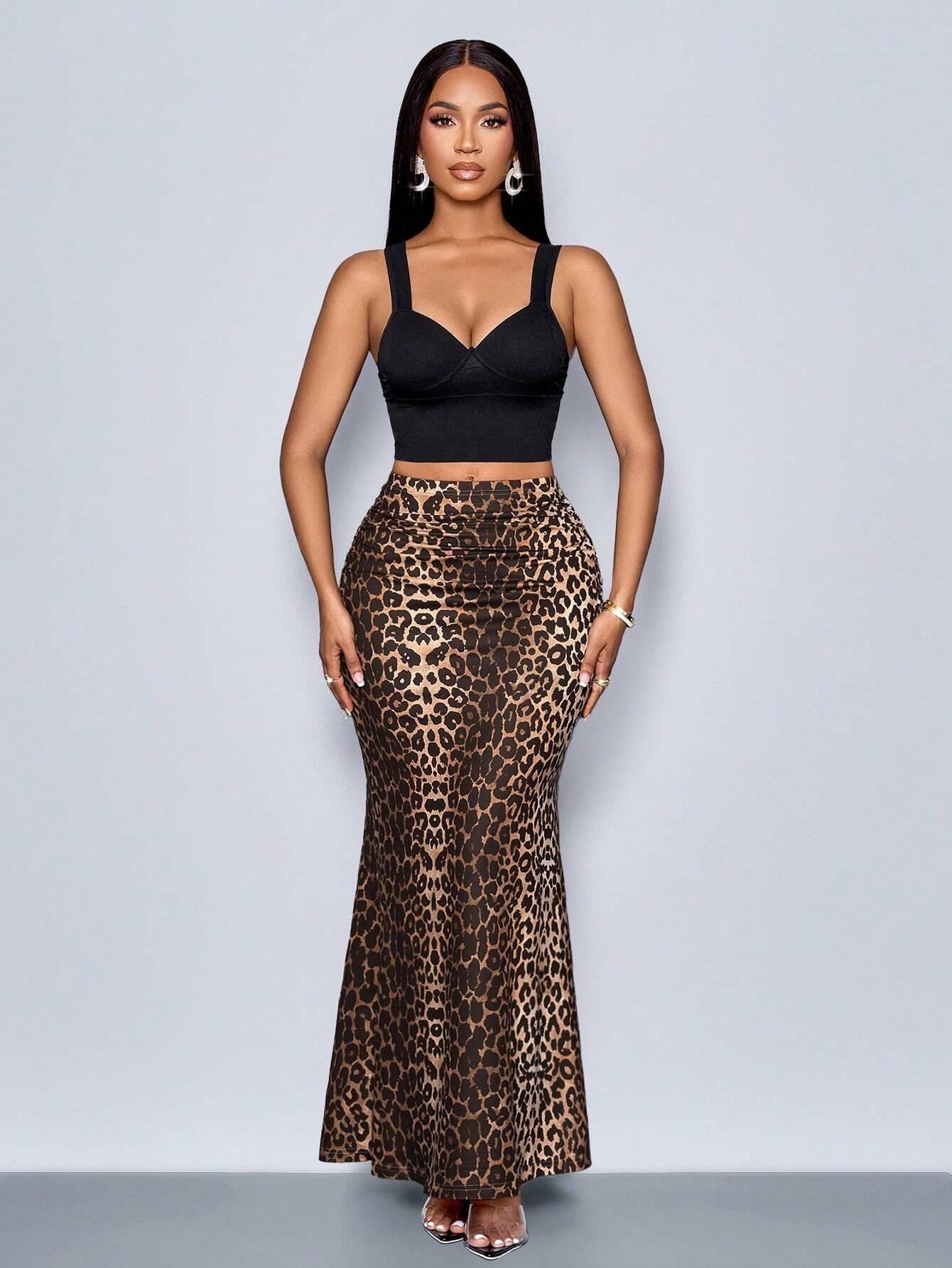 Leopard Mermaid Maxi Skirt Elegant Ruched and Chic - So Real Fashion