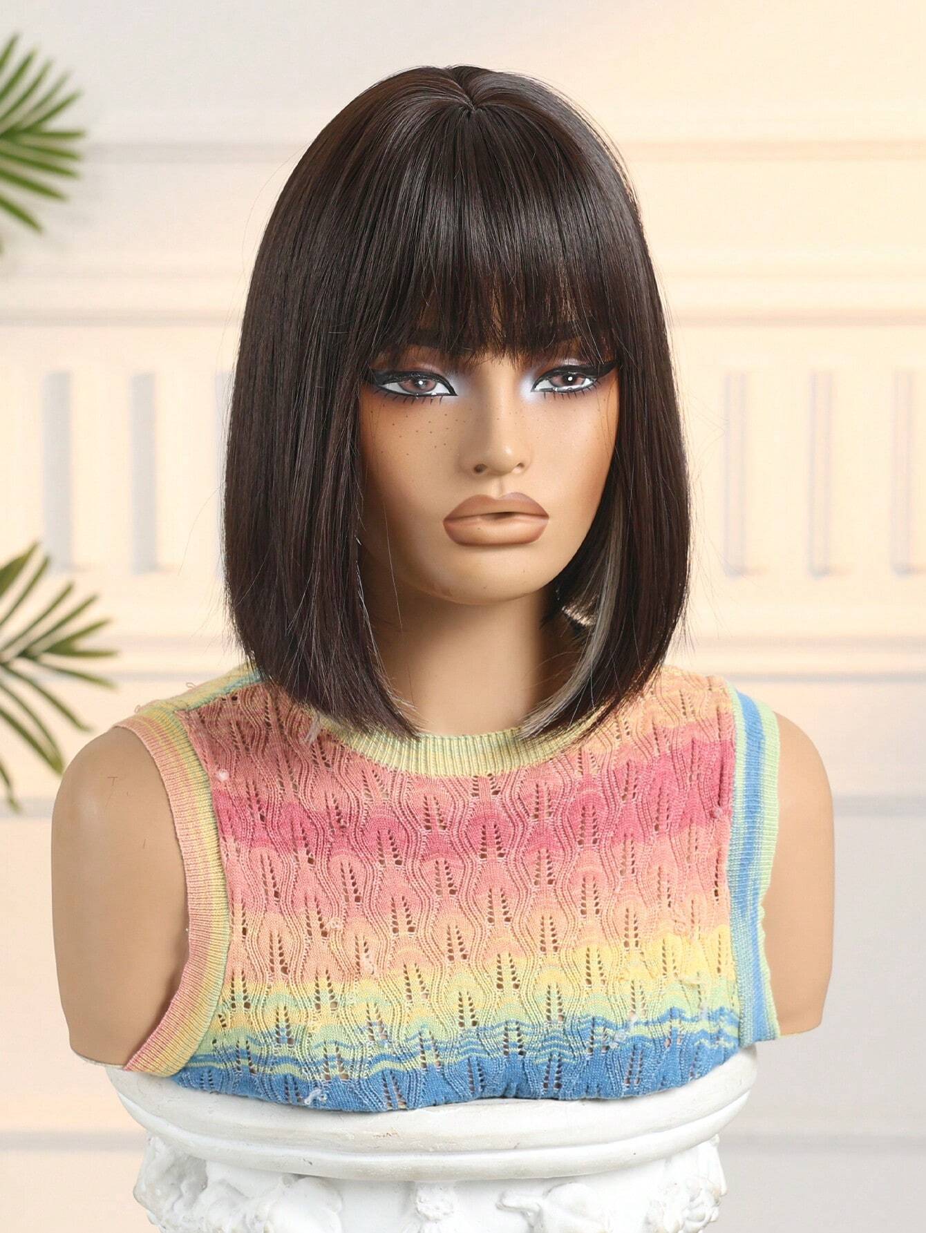 HAIRCUBE 12 Inch Short Straight Hair Wig For Women, Wine Red Claret And Black Multicoloured Synthetic Wig With Bangs Bob Wigs For Daily Life And Party. - So Real Fashion