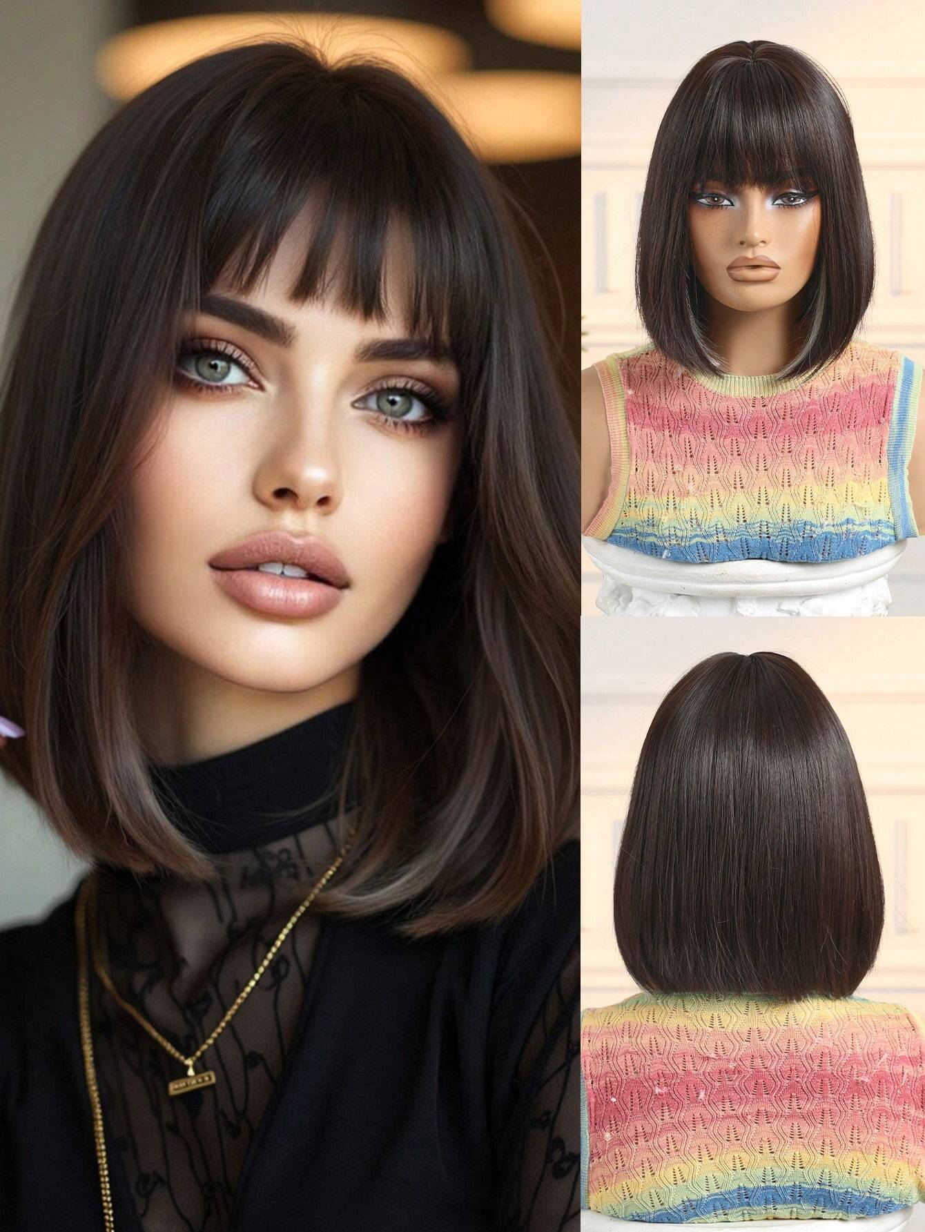 HAIRCUBE 12 Inch Short Straight Hair Wig For Women, Wine Red Claret And Black Multicoloured Synthetic Wig With Bangs Bob Wigs For Daily Life And Party. - So Real Fashion