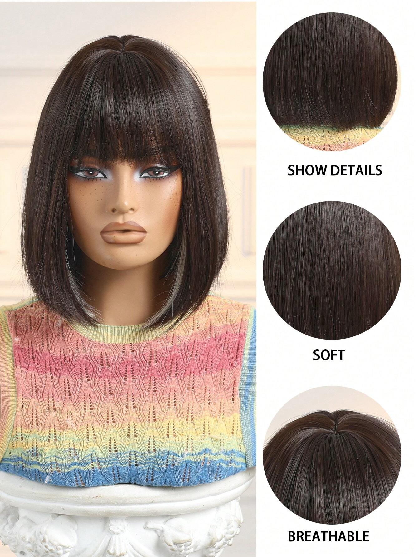 HAIRCUBE 12 Inch Short Straight Hair Wig For Women, Wine Red Claret And Black Multicoloured Synthetic Wig With Bangs Bob Wigs For Daily Life And Party. - So Real Fashion