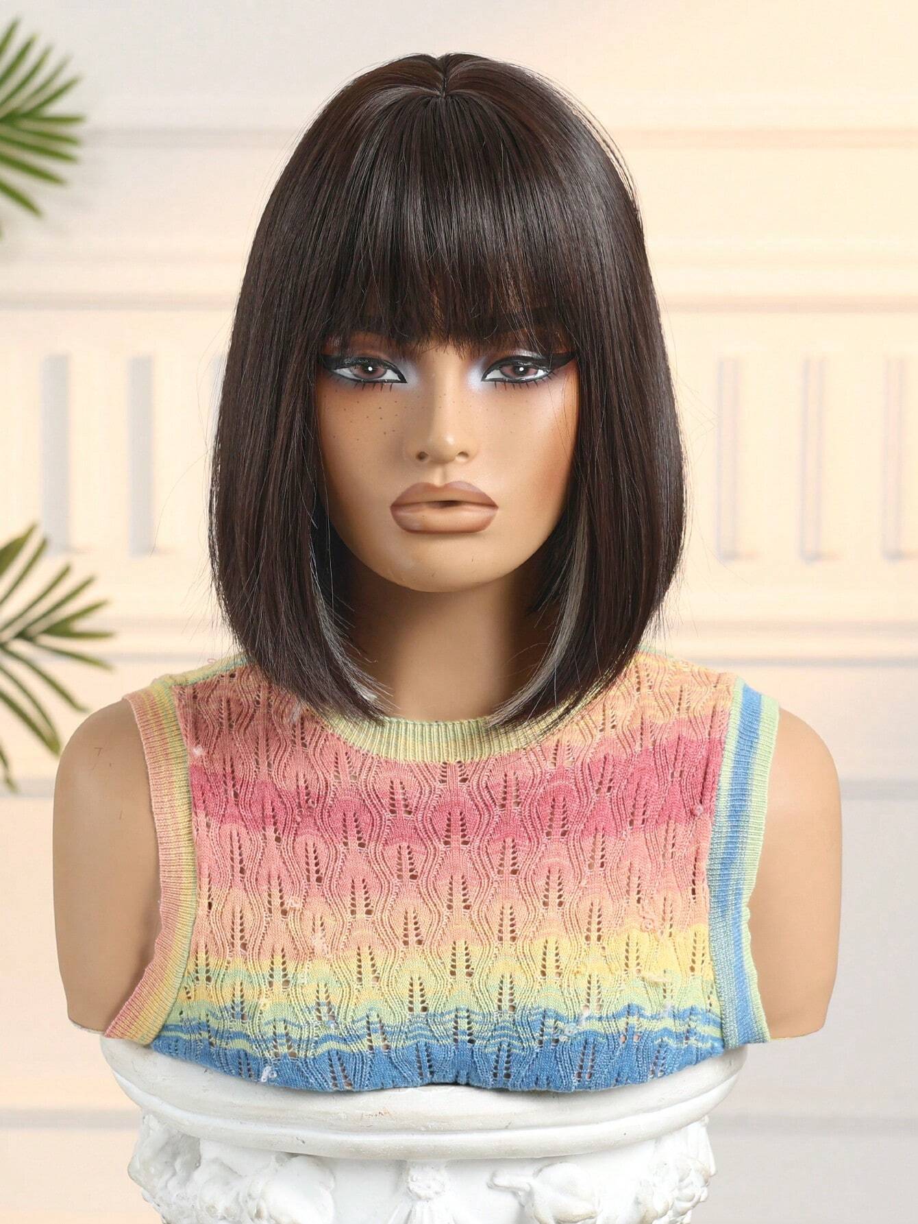 HAIRCUBE 12 Inch Short Straight Hair Wig For Women, Wine Red Claret And Black Multicoloured Synthetic Wig With Bangs Bob Wigs For Daily Life And Party. - So Real Fashion